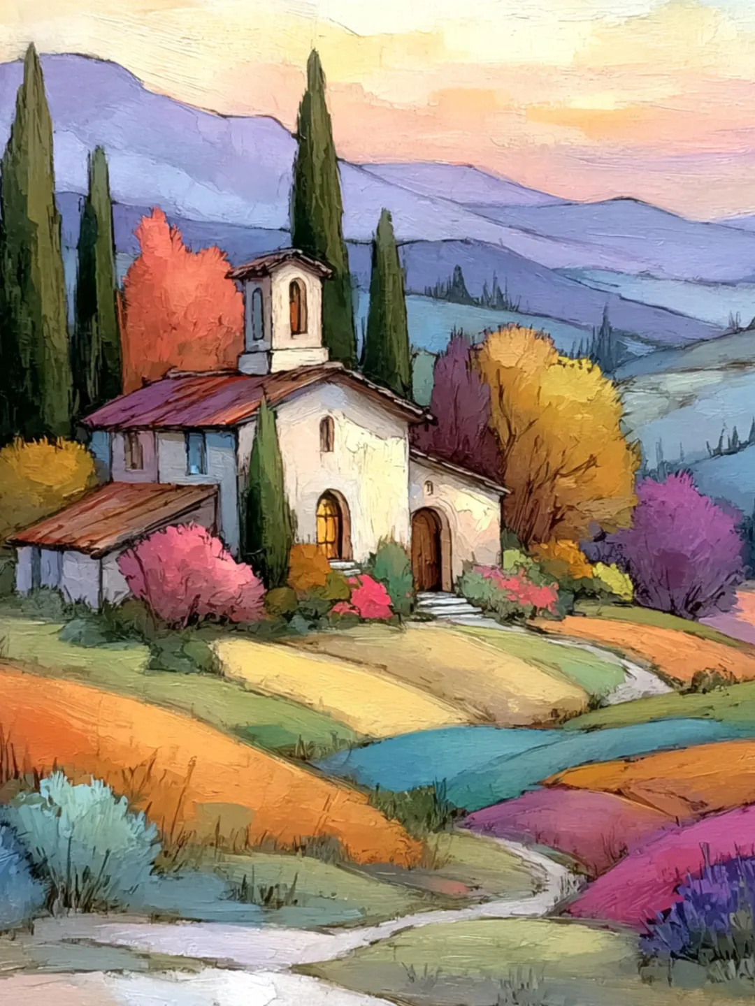 37 Colorful Tuscany Landscape Art Printable, Pastel Rolling Hills