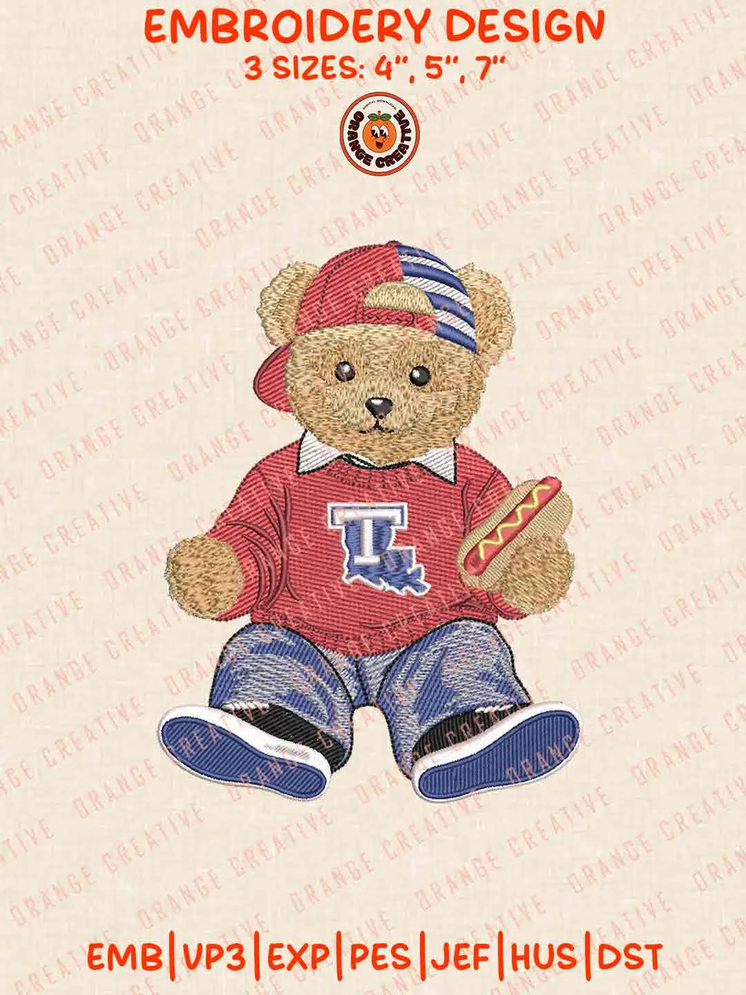 Louisiana Tech Bulldog Teddy Bear Embroidery Design Files, Football Embroidery Designs, Sport Machine Embroidery Files, 3 Sizes, Custom Sizes, Instant Download