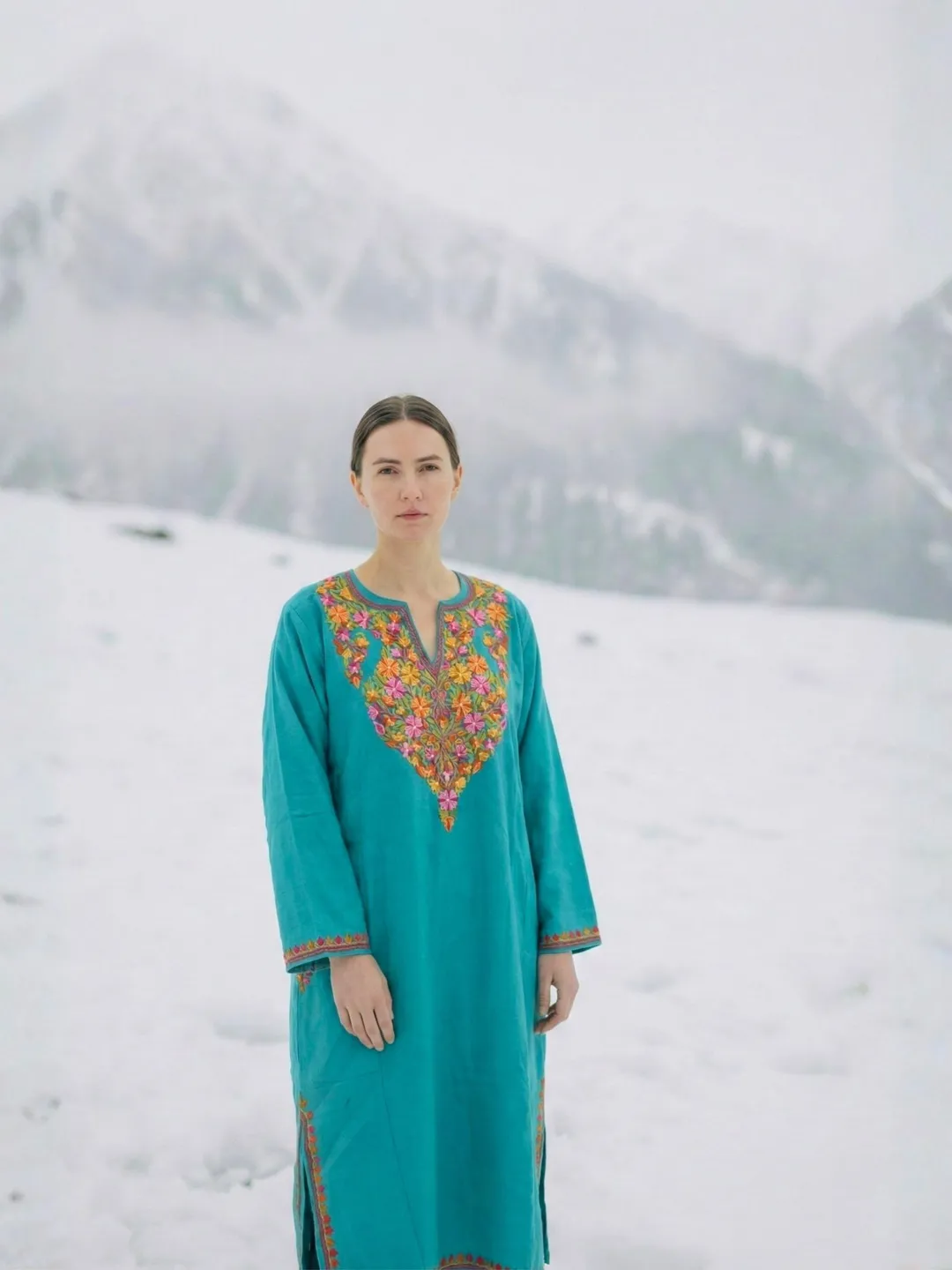 kashmiri winter dress Teal Blue Kashmiri Fine Wool Pheran Hand Embroidered Aari Floral Tunic Winter Boho Dress