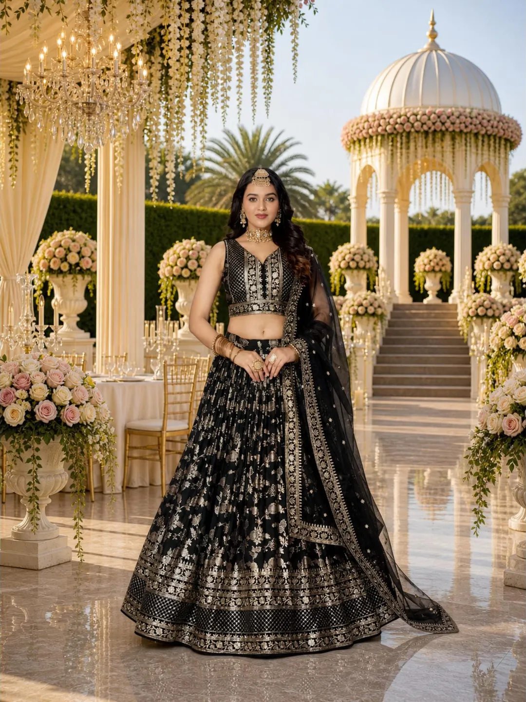 Black Georgette Ready To Wear Lehenga Choli: Indian Wedding Embroidery Sequin Lengha