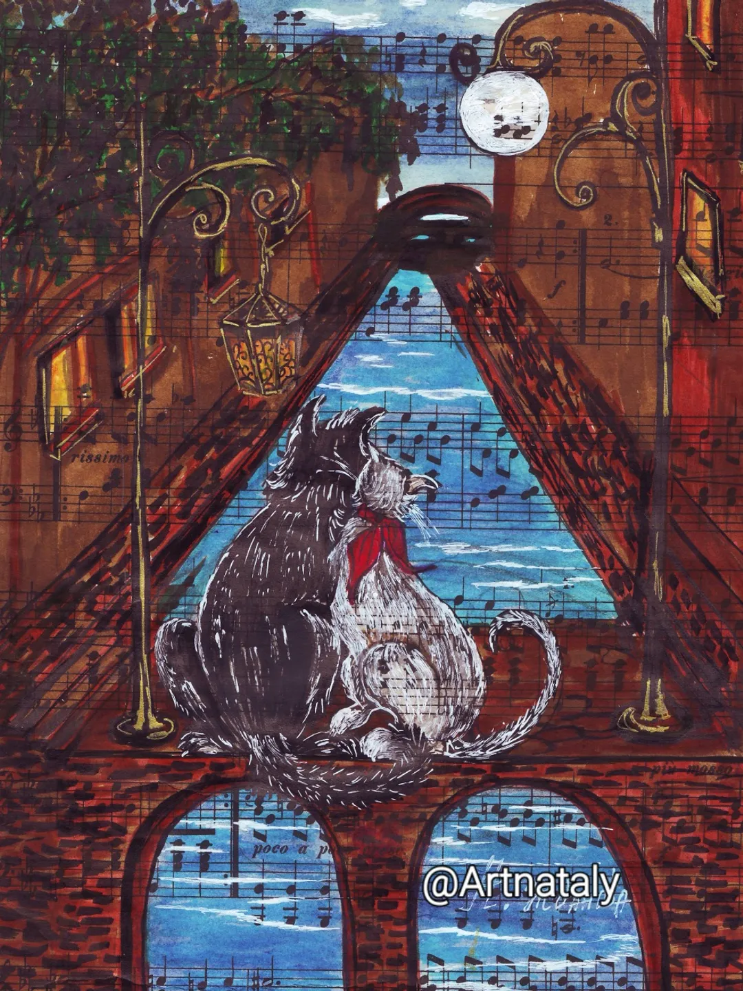 Illustration with cute cats Moonlight Sonata, Cat prints wall art Instant download