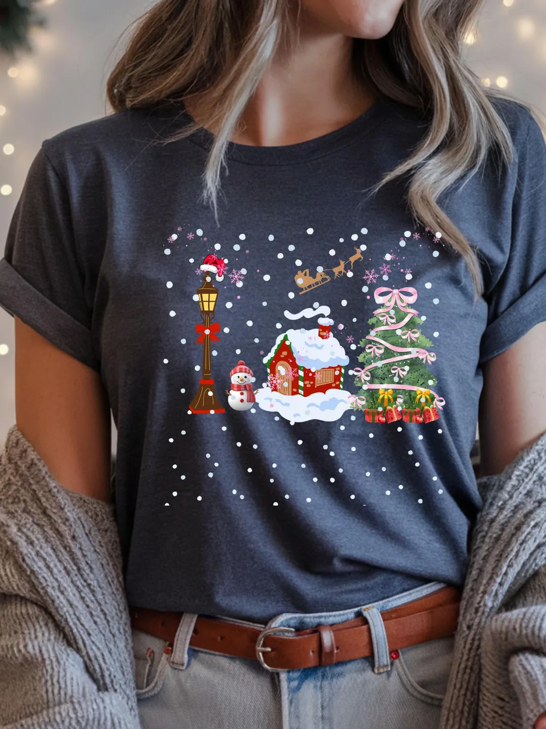 Snowy House Christmas Scene Shirt, Winter Reindeer Sky Design, Holiday Landscape Graphic Tee