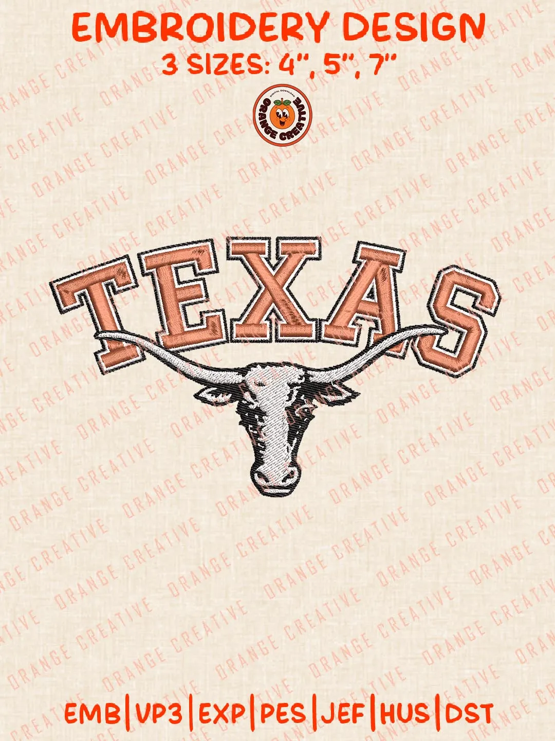 Texas Embroidery Design, NCAA Texas Longhorns Team Logo Embroidery Design, Machine Embroidery Design File, 4 Sizes, Custom Size, Digital Download