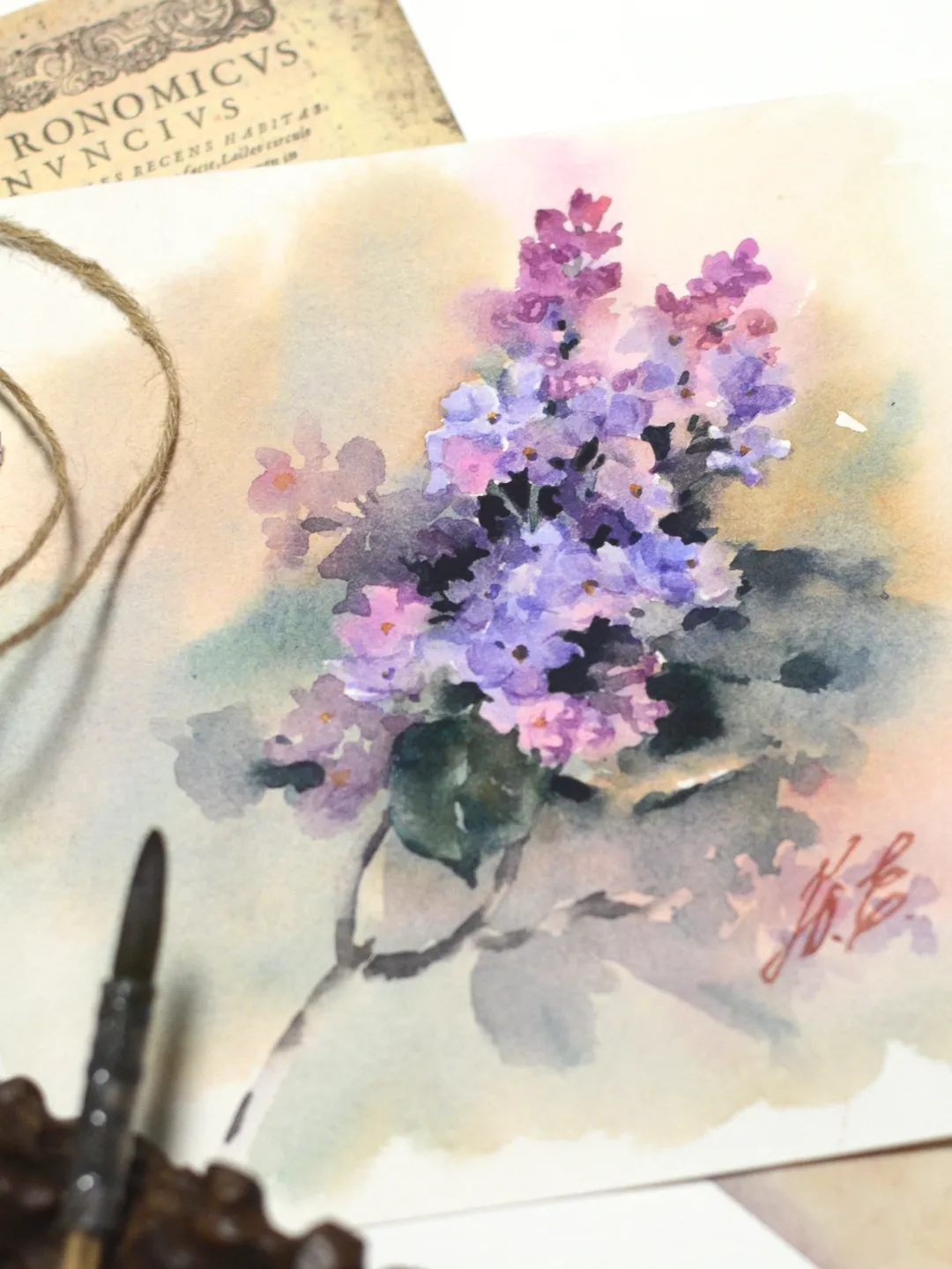 Lilac branch art / Origibal watercolor painting by Yulia Evsyukova