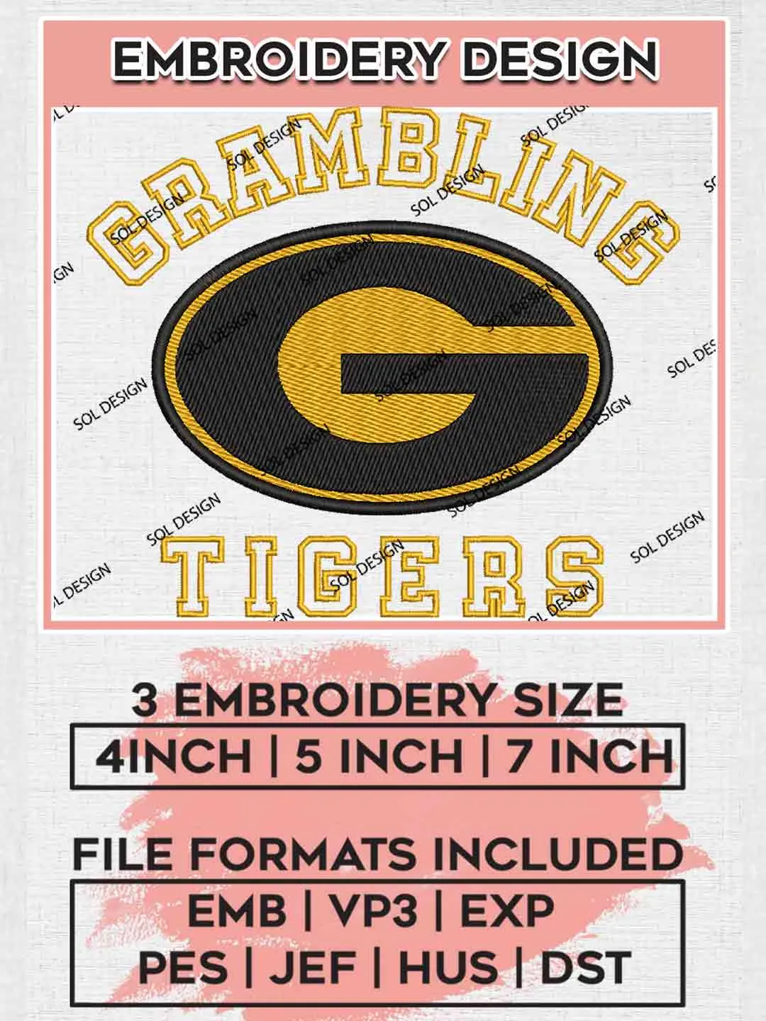 Grambling Tiger Embroidery Design, Football Embroidery files, Sport Machine embroidery files, 3 sizes, Instant Download