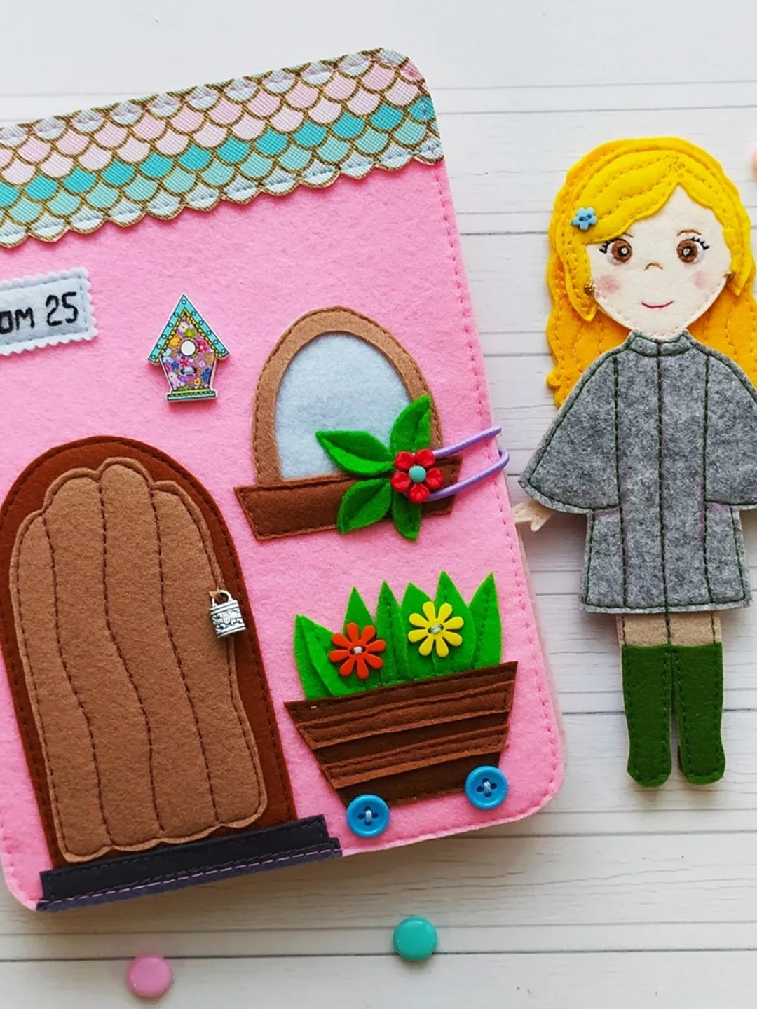 Felt Dollhouse Quiet book pattern pdf, Felt doll Pattern with clothes set, Dress up Doll, Felt book pattern for girl