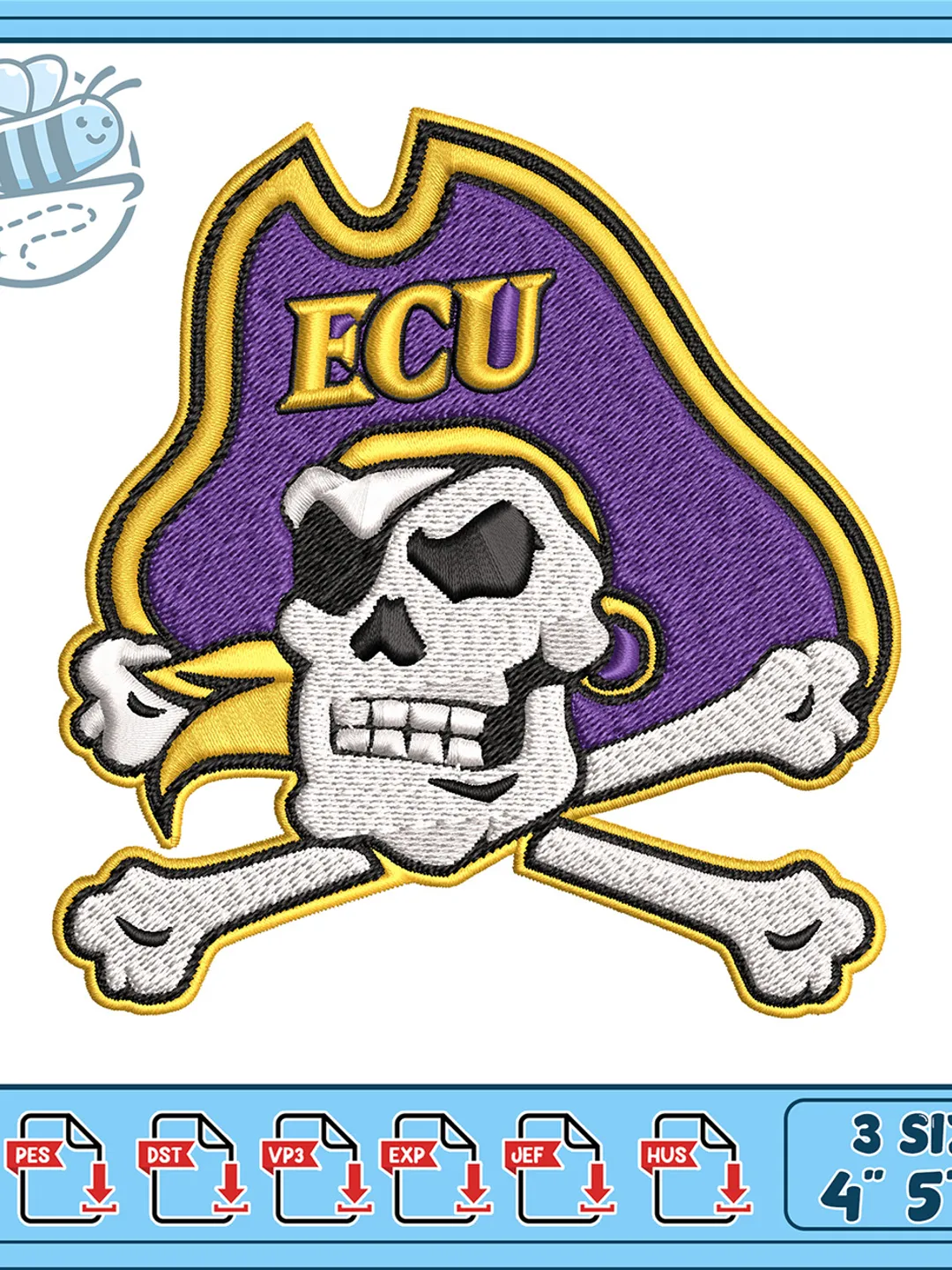 ECU Pirates Skull Crossbones Machine Embroidery Design, College Pirate Logo Embroidery File, Purple Gold Skull Hat Patch, Instant Download