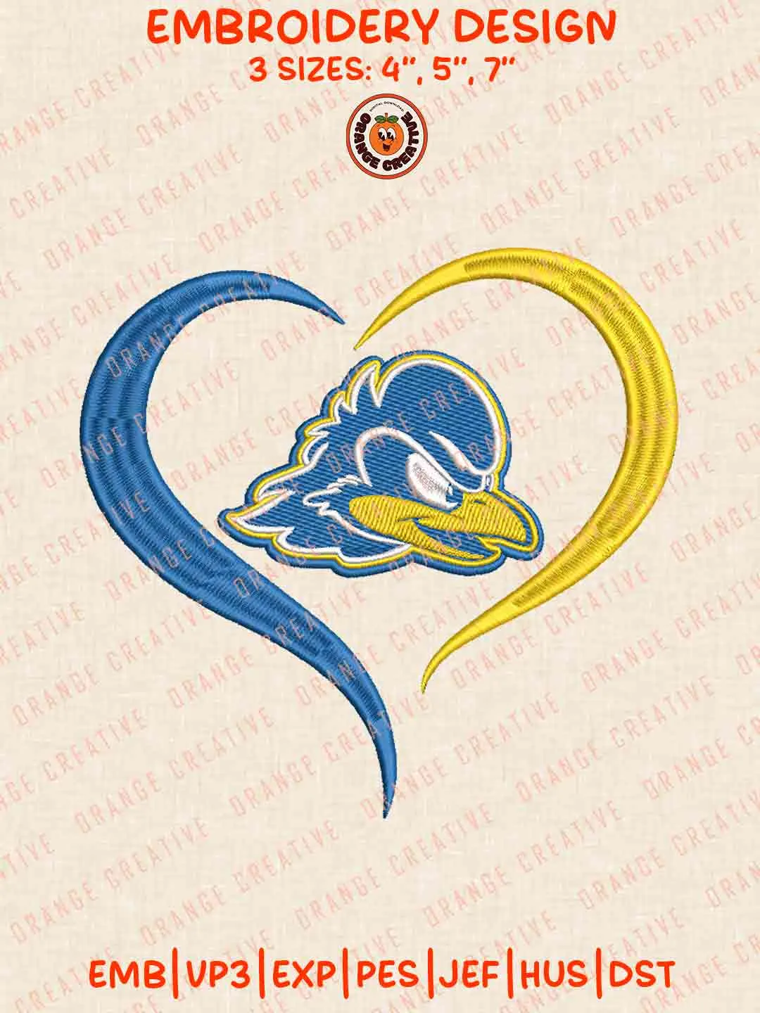 Delaware Blue Hen Heart Embroidery Design Files, Football Embroidery Designs, Sport Machine Embroidery Files, 3 Sizes, Custom Sizes, Instant Download