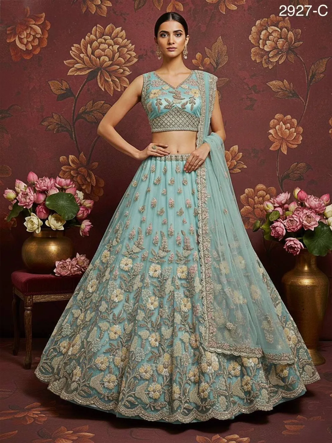 aqua blue indian dress Aqua Blue Multi Embroidered Wedding Festive Lehenga Choli