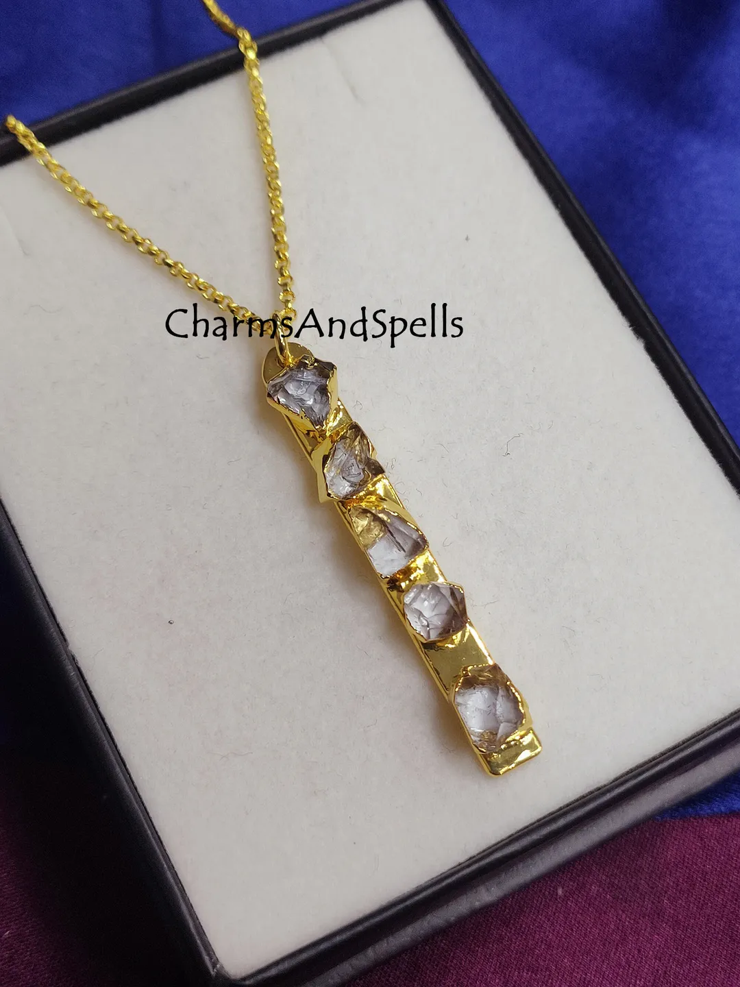 Chunky Clear Quartz Bar Necklace, Five Stone Healing Crystal Statement Jewelry, Gift for Her