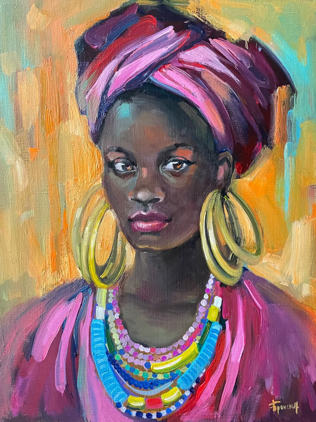 African woman black portrait original oil painting