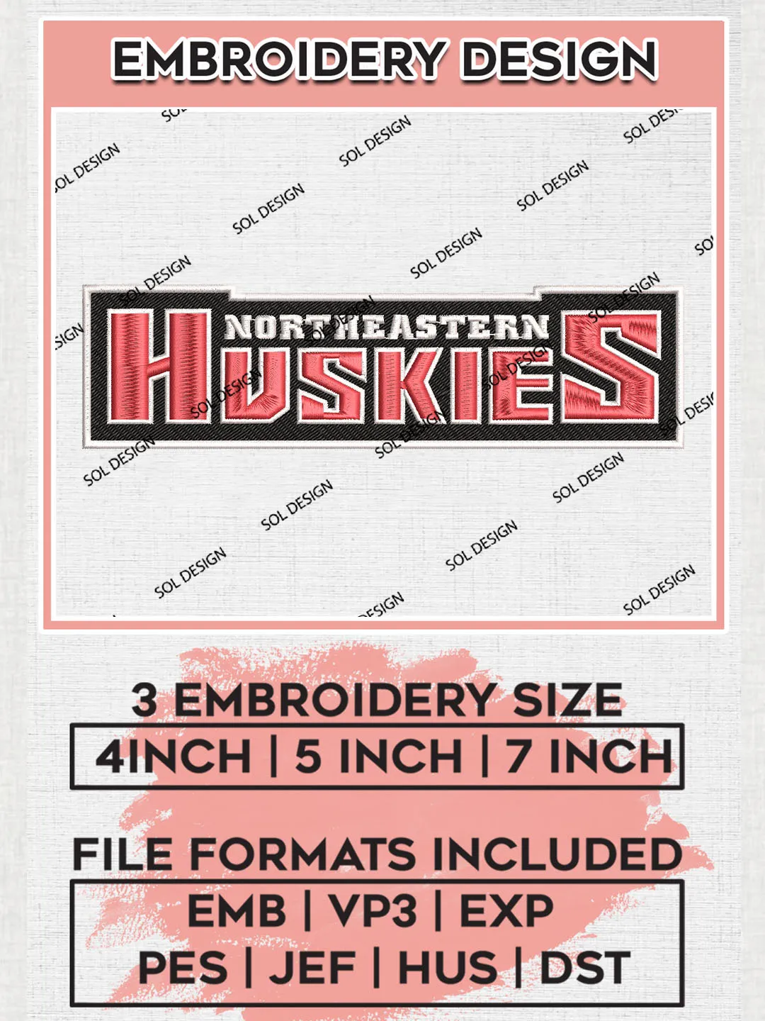 Northeastern Huskies Football Team Writing Logo Embroidery Design Files, NCAA Northeastern Huskies Machine Embroidery, NCAA Teams, Game Day, 3 sizes, NCAA Machine embroidery designs, Digital Download