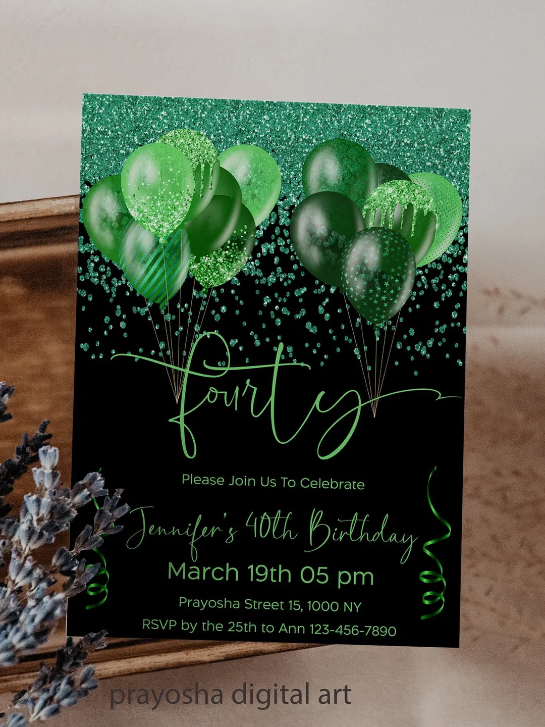 Green Balloon 40th Birthday Invitation Template (Digital Download)