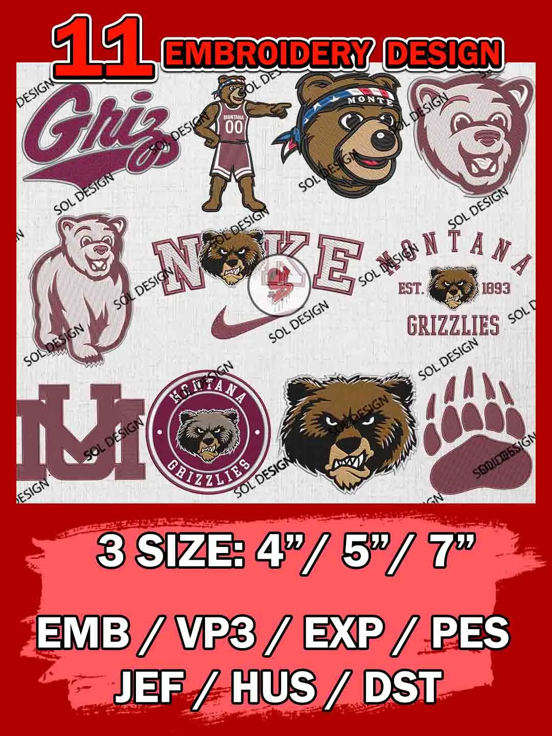 11 NCAA Montana Grizzlies Bundle Embroidery Files, NCAA Montana Grizzlies Team Bundle Embroidery Designs, NCAA Teams, National College Football Team 3 sizes, NCAA Grizzlies Machine Embroidery, Digital Download