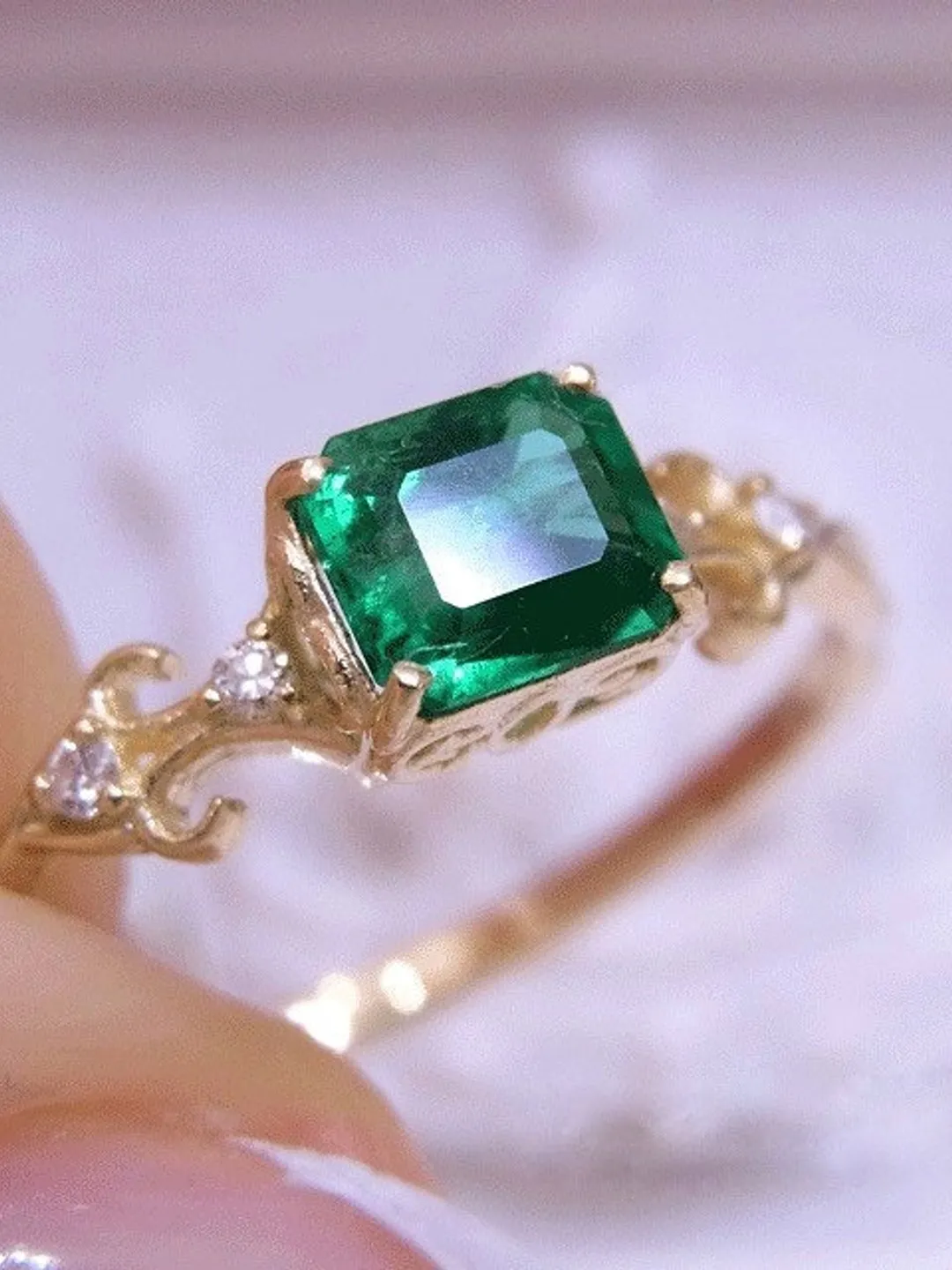 Emerald Engagement Ring: 925 Sterling Silver, Octagon Cut