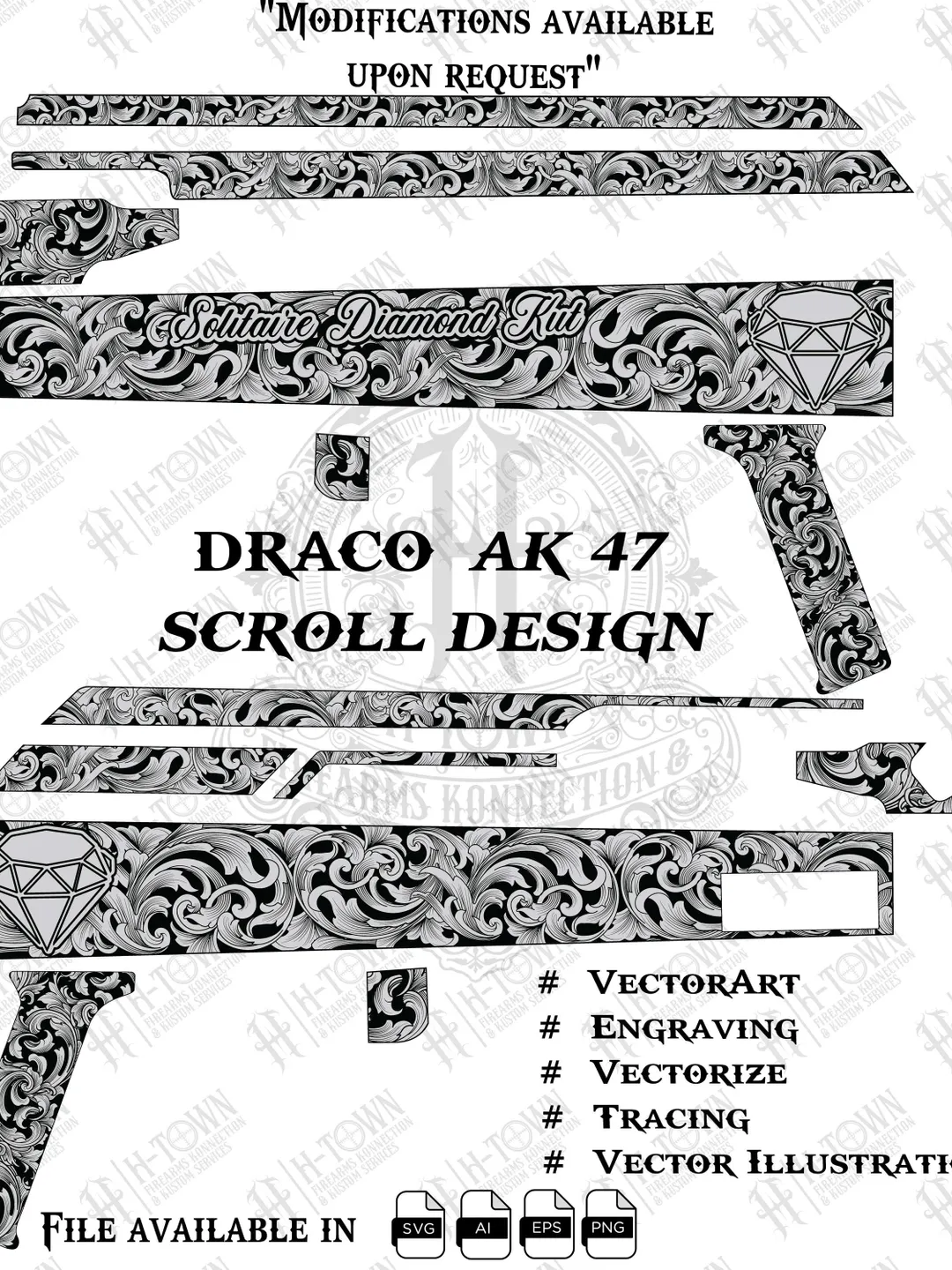 Draco AK47 Scroll Engraving Design: Laser Ready Vector (Digital