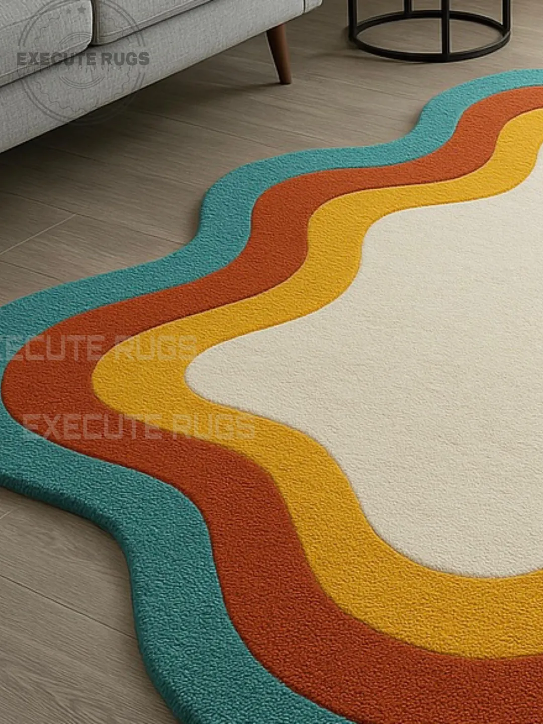 Wavy Long Rug Hand-Tufted Wool Rug: Abstract Wavy Retro Boho Design