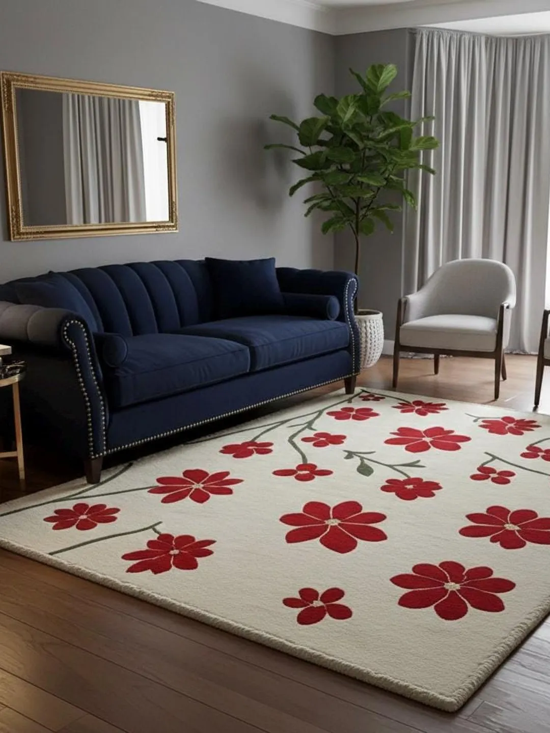Red Flower Cream Floral Shaggy Hand Tufted Area Rug