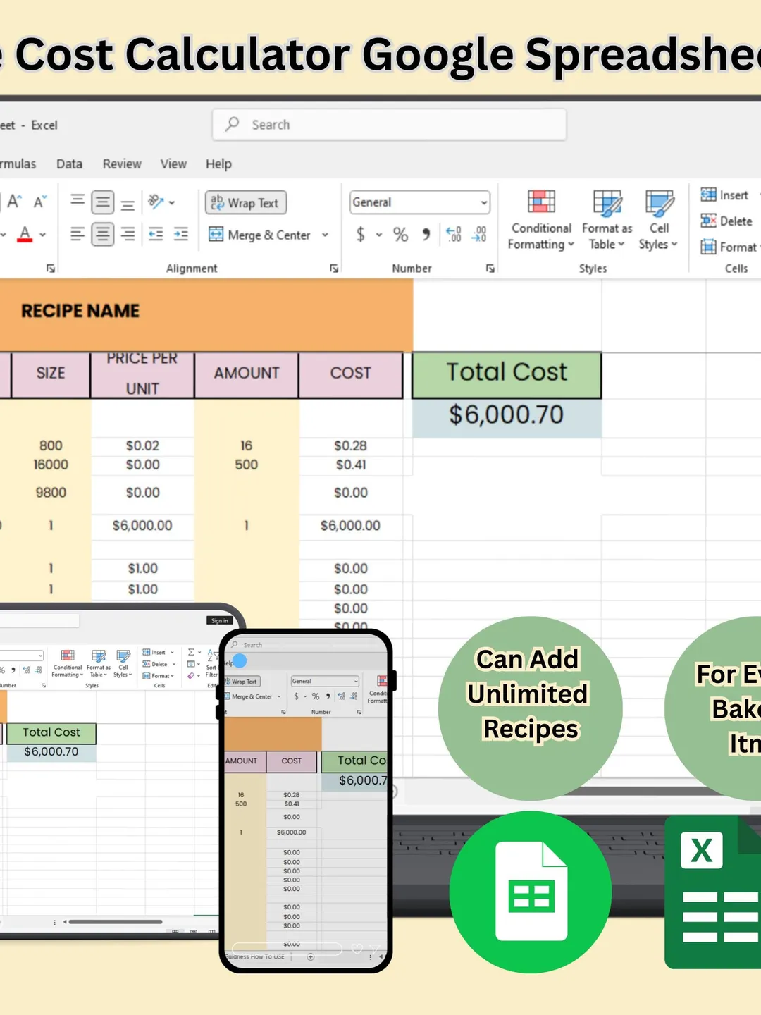 Bakery Pricing Spreadsheet | Cake Recipe Cost Calculator (Google Sheets ...