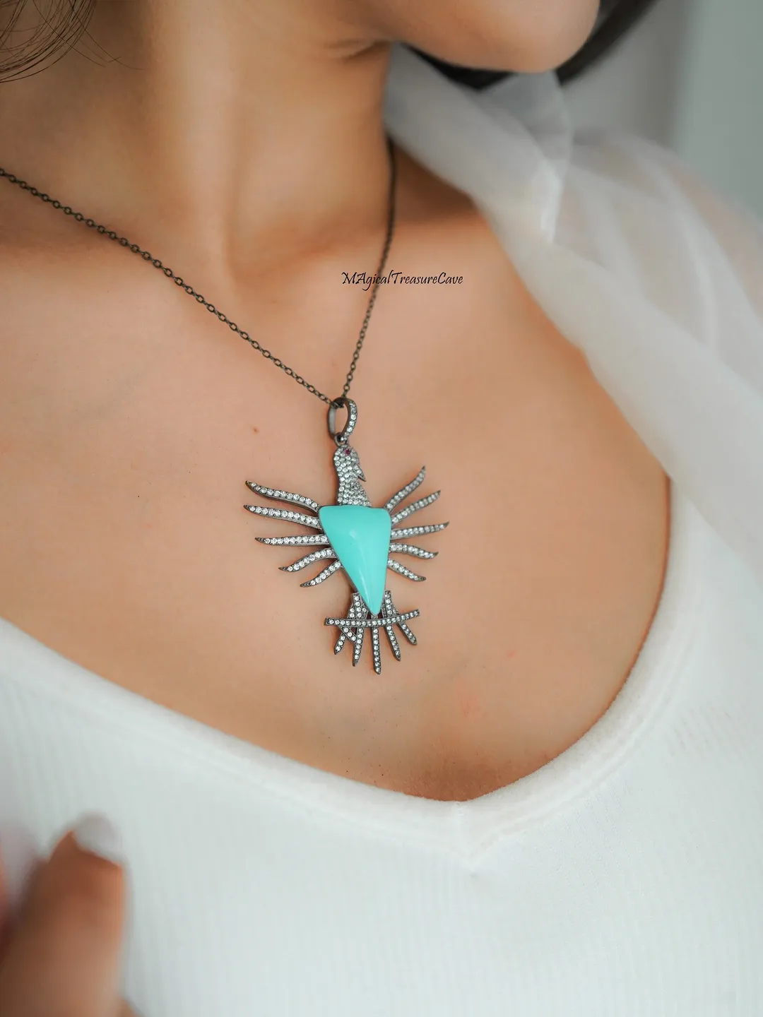 Turquoise Pendant Necklace, Sterling Silver, Blue Turquoise Gemstone, Oxidized Art Style, Birthday Occasion, For Her, White CZ Accent