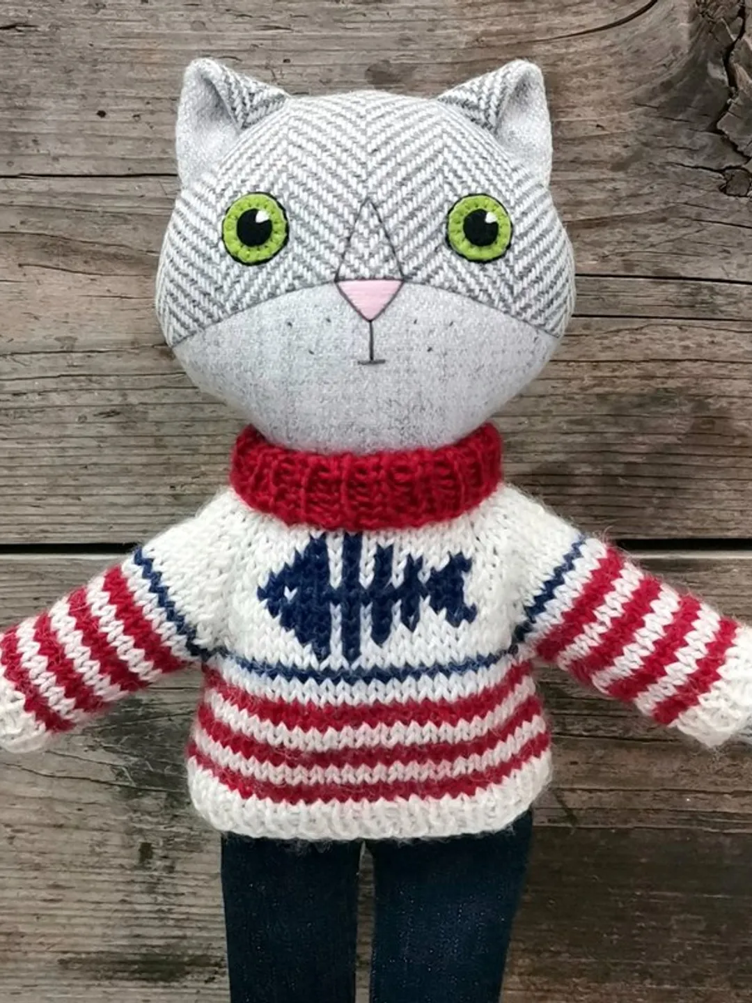 Gray cat boy, handmade wool plush doll, stuffed kitten toy, cat soft doll