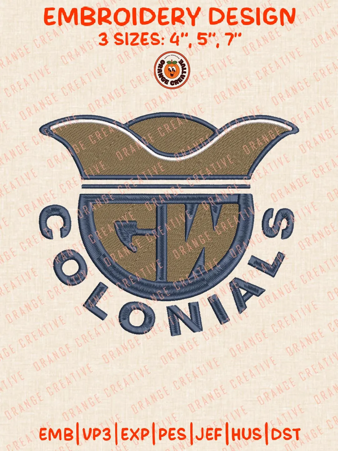 George Washington Colonials Logo Embroidery Design Files, NCAA Logos Embroidery Designs, NCAA Machine Embroidery Files, 3 Sizes, Custom Sizes, Instant Download