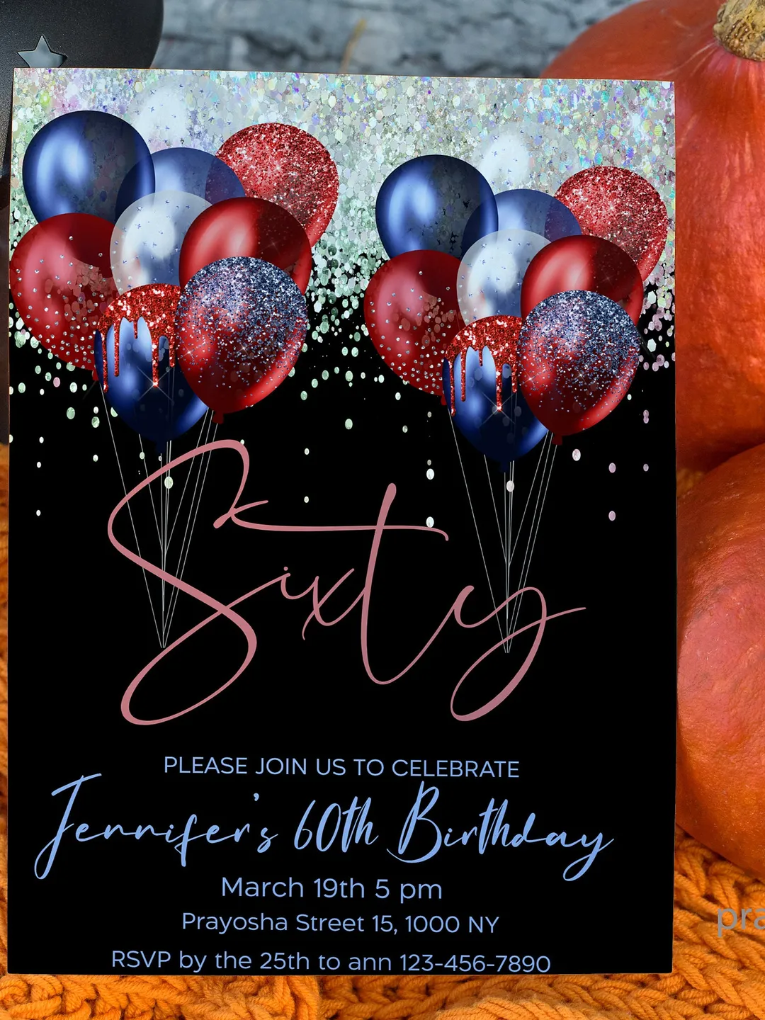 60th Birthday Invitation, Blue White Glitter Balloons (Digital Download)