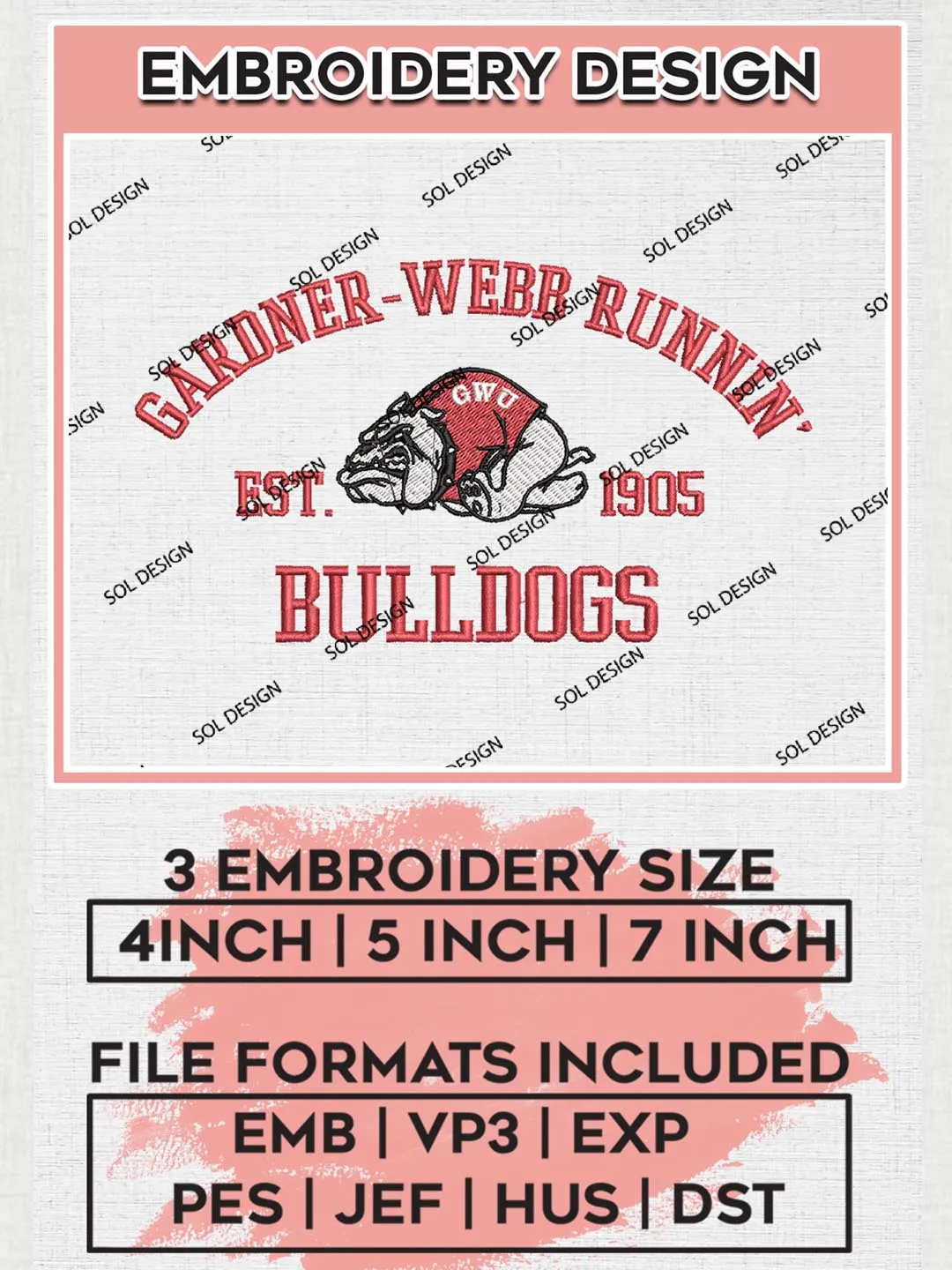 Gardner-Webb Runnin Bulldogs Est 1905 Embroidery Designs, NCAA Gardner-Webb Runnin Bulldogs Team Embroidery, NCAA Team Logo, 3 sizes, Machine embroidery Files, Digital Download