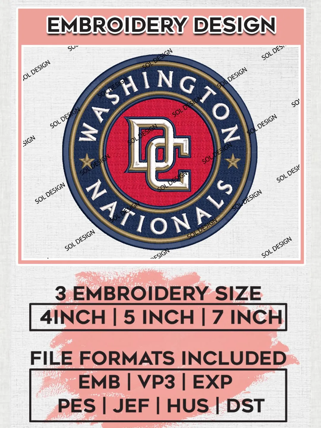 MLB Washington Nationals Machine Embroidery Design Files, MLB Washington Nationals Team Embroidery, MLB Teams, 3 sizes, MLB Machine embroidery designs, Digital Download