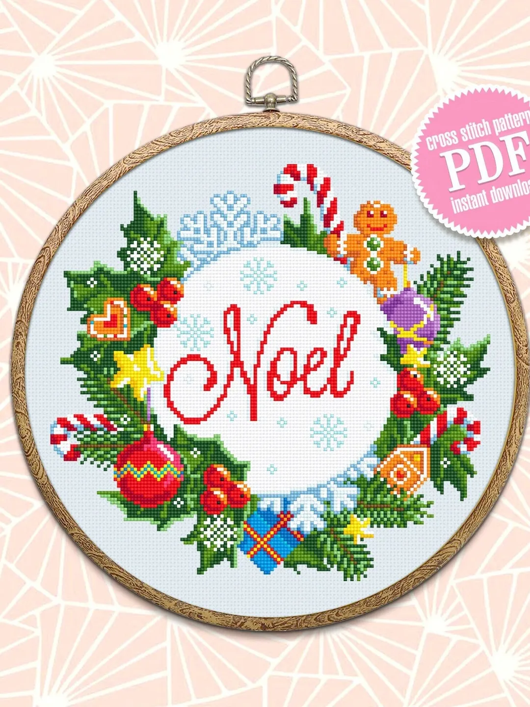 Christmas cross stitch pattern download PDF, Christmas wreath cross stitch chart Christmas pattern digital Winter holiday embroidery #N22