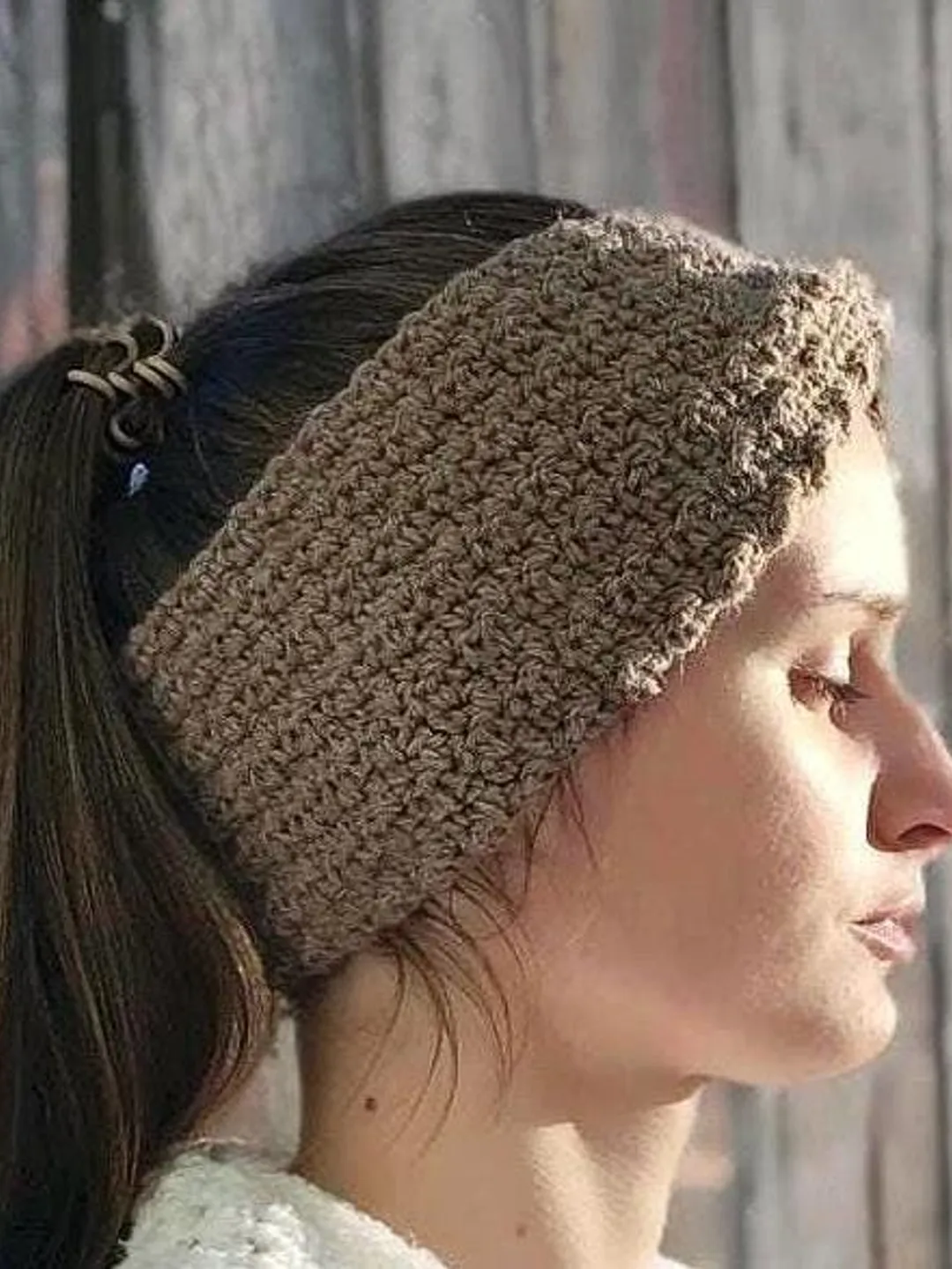 Handmade Alpaca Wool Crochet Ear Warmer: Puffy Stitch Brown Headband