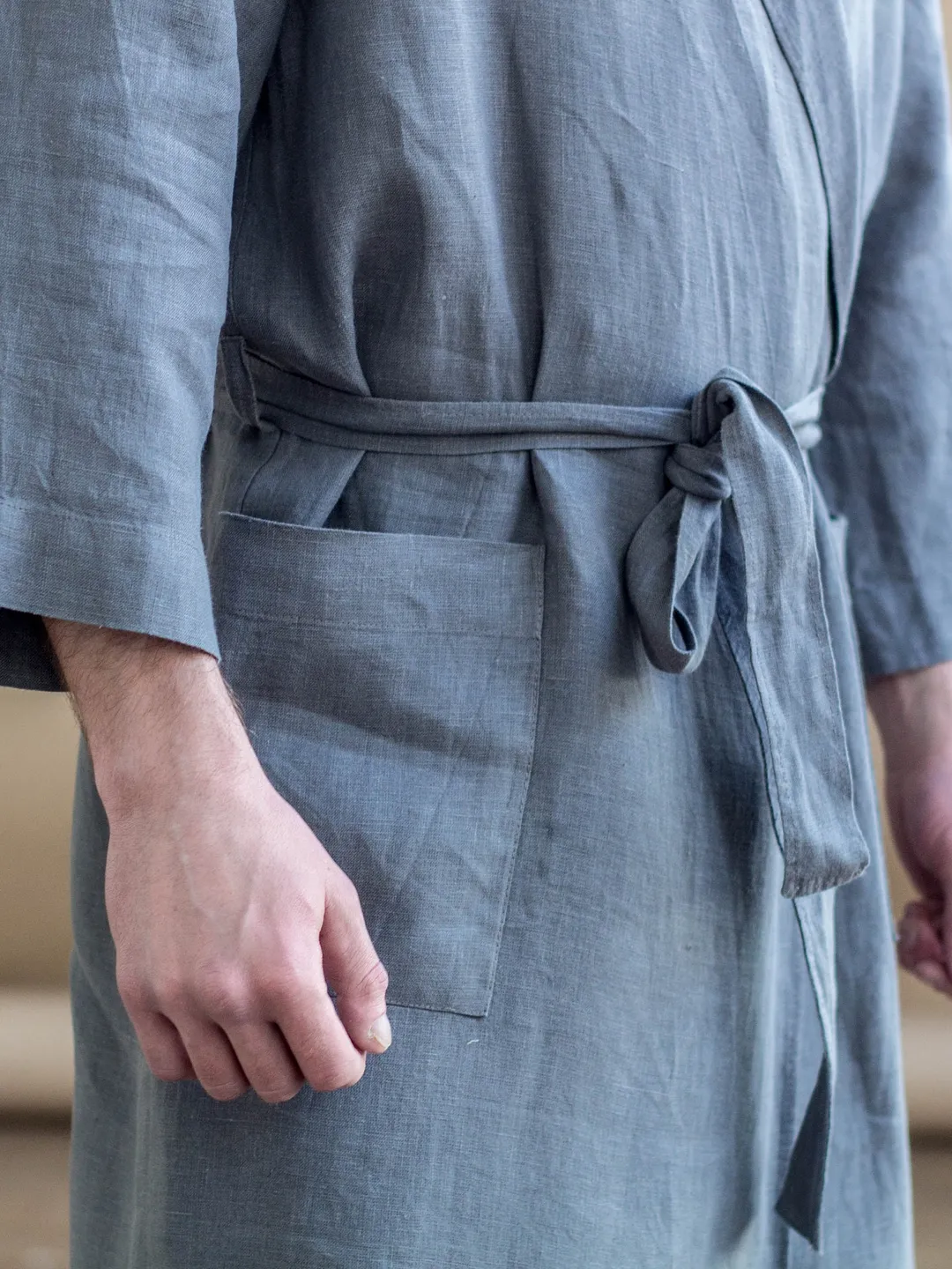 mens linen dressing gown Men's Linen Blue Robe With Pockets - Lightweight Robe - Summer Robe For Men - Cobalt Blue
