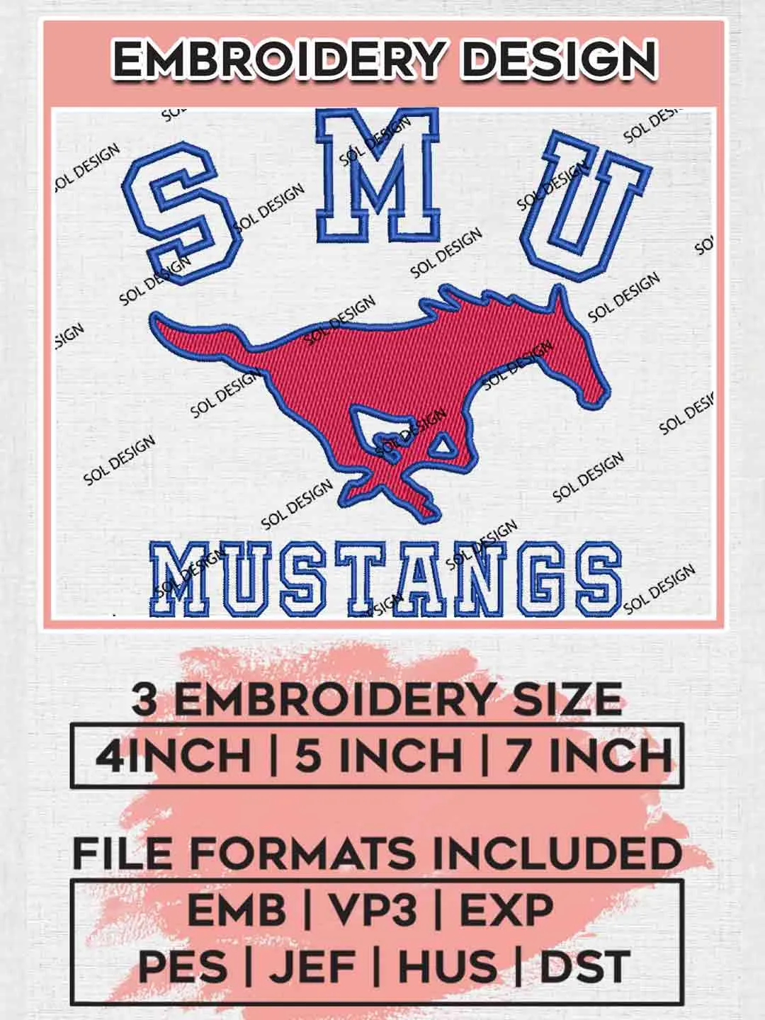 NCAA SMU Mustangs Logo Embroidery Designs, NCAA Logo Embroidery files, NCAA Team, College Rugby Team Machine embroidery designs, Digital Download