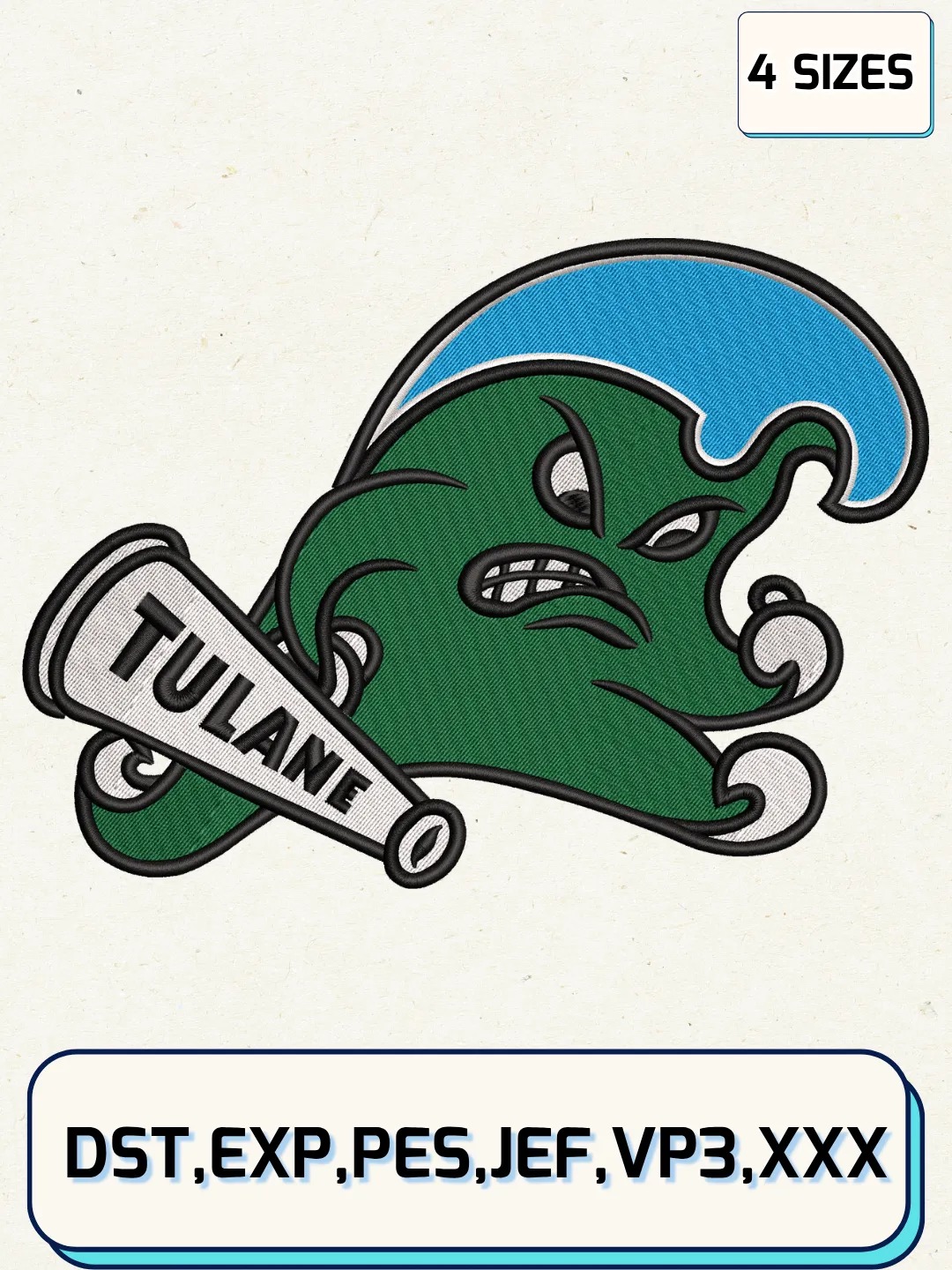 Tulane Green Wave Logo Embroidery Design File,NCAA Logo Embroidery Design, Machine Embroidery Files, 4 Sizes