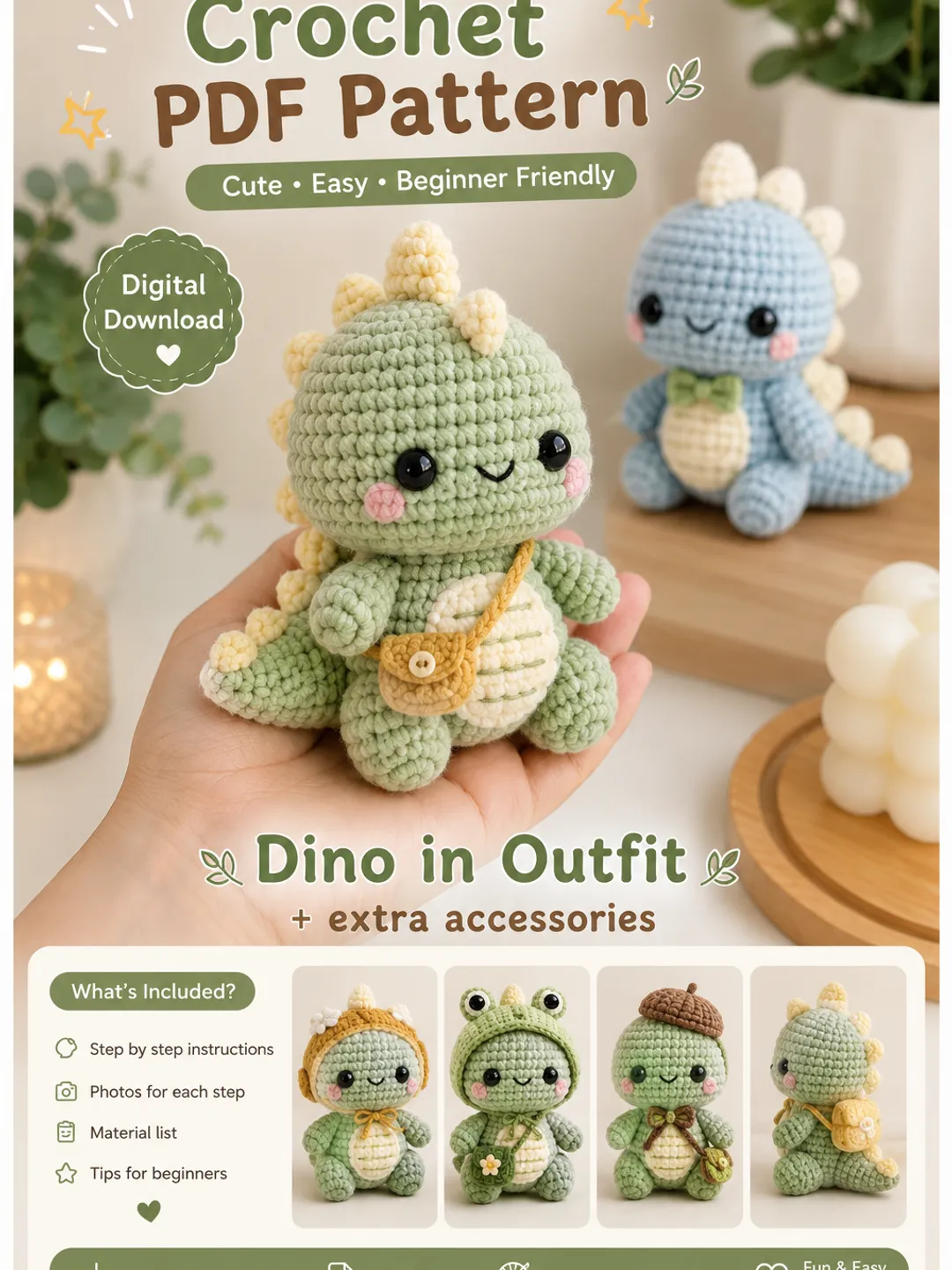 Cute Dino Crochet PDF Pattern With Accessories | Beginner Friendly Amigurumi Tutorial