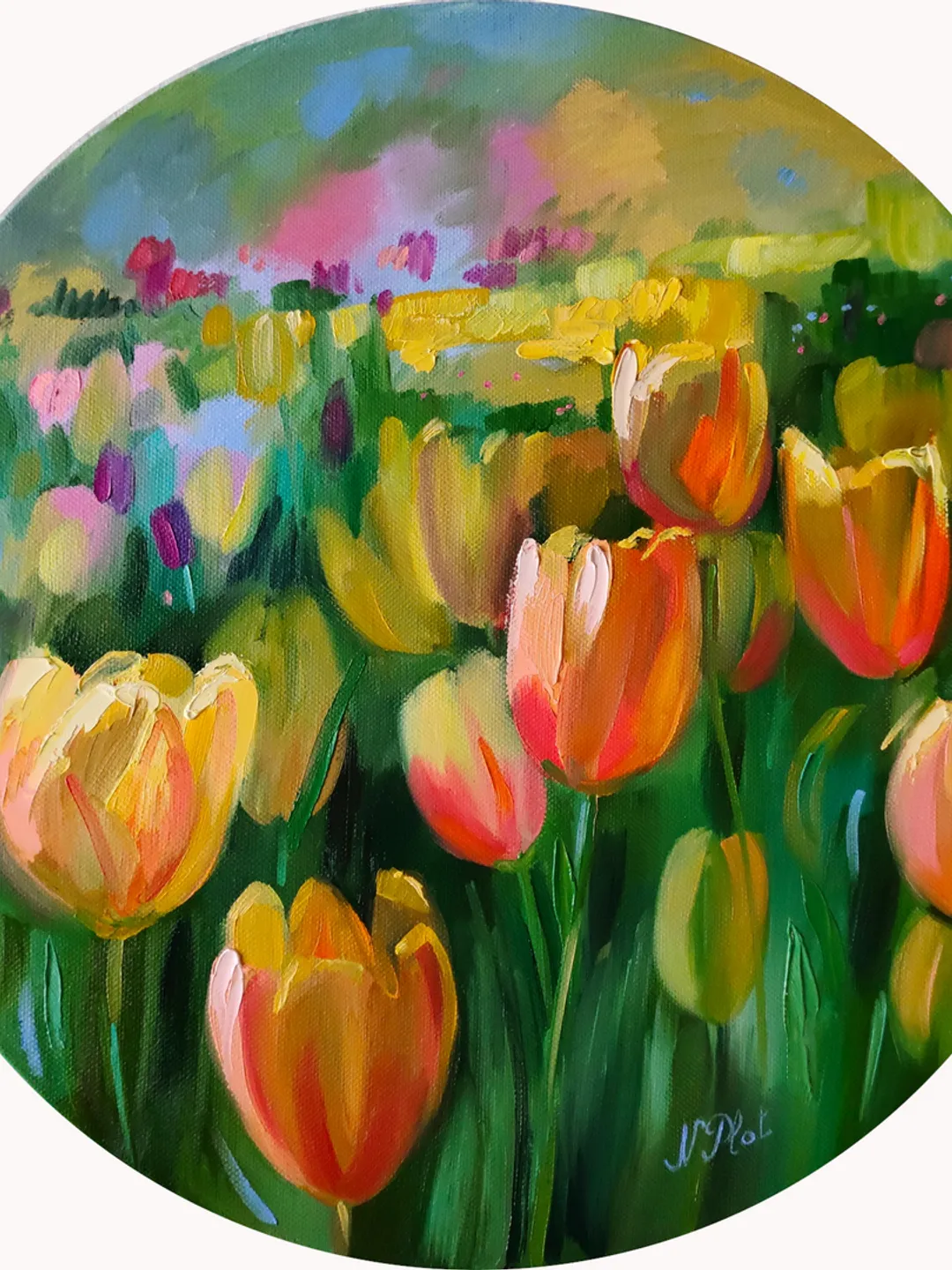 Tulip painting Flower Original Art Floral Artwork oil painting on canvas round artwork Tulip field canvas painting