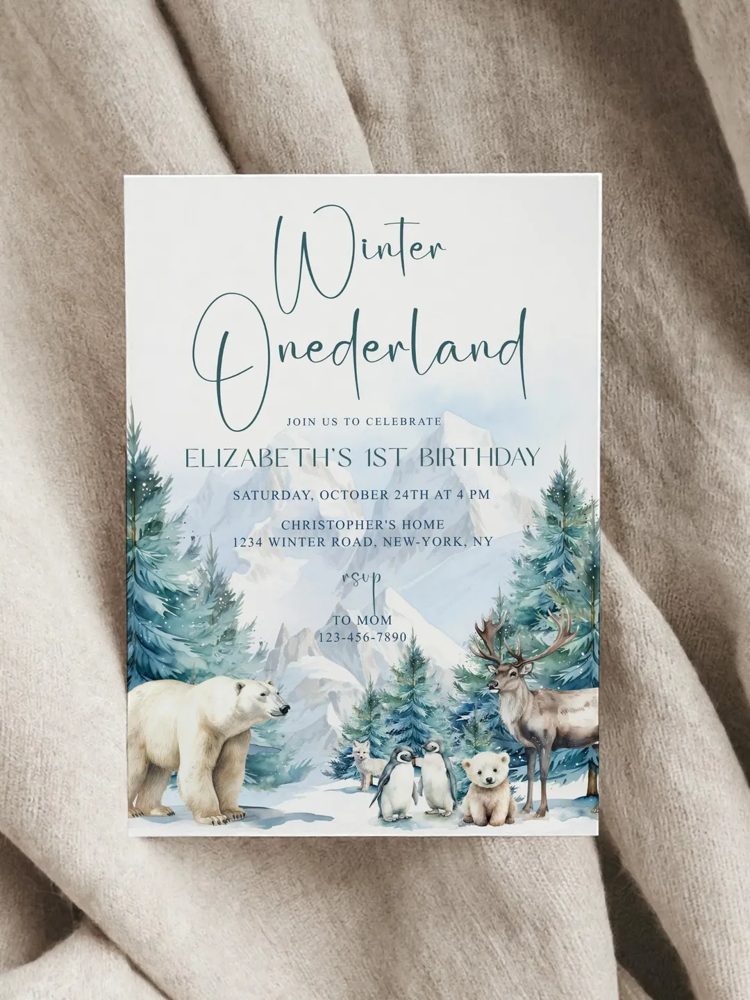 Winter Onederland 1st Birthday Invitation, Snow Woodland 1st Birthday Invite, Winter Onederland, Printable 1st Birthday Invitation - I132