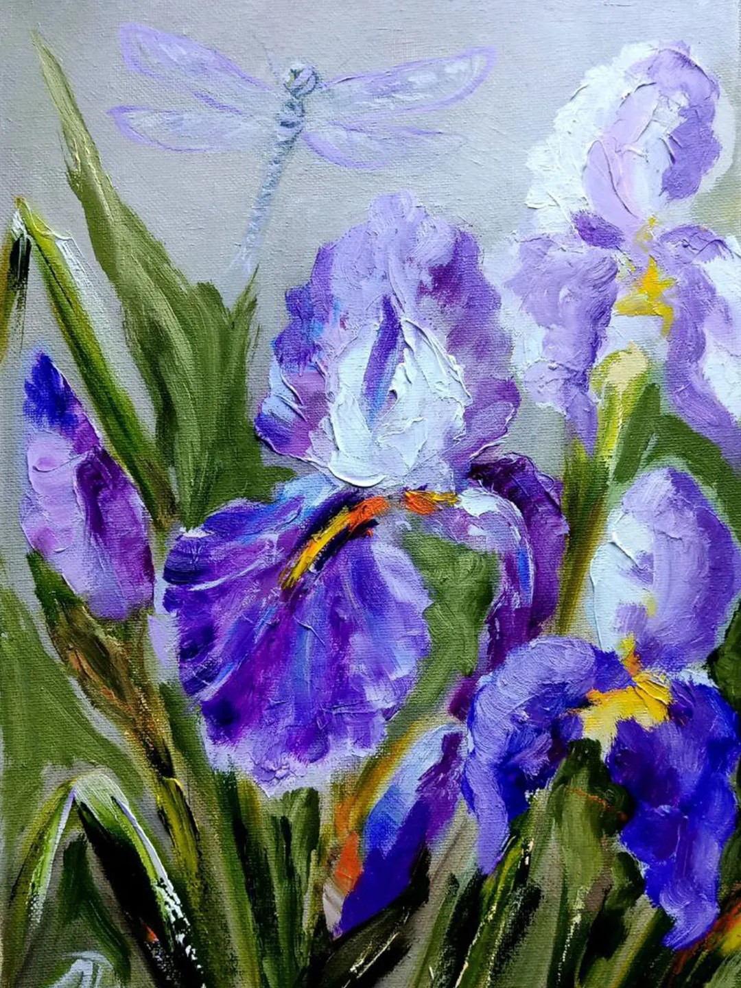 Irises Dragonfly  Painting Original Art Impasto Oil Painting Canvas Painting