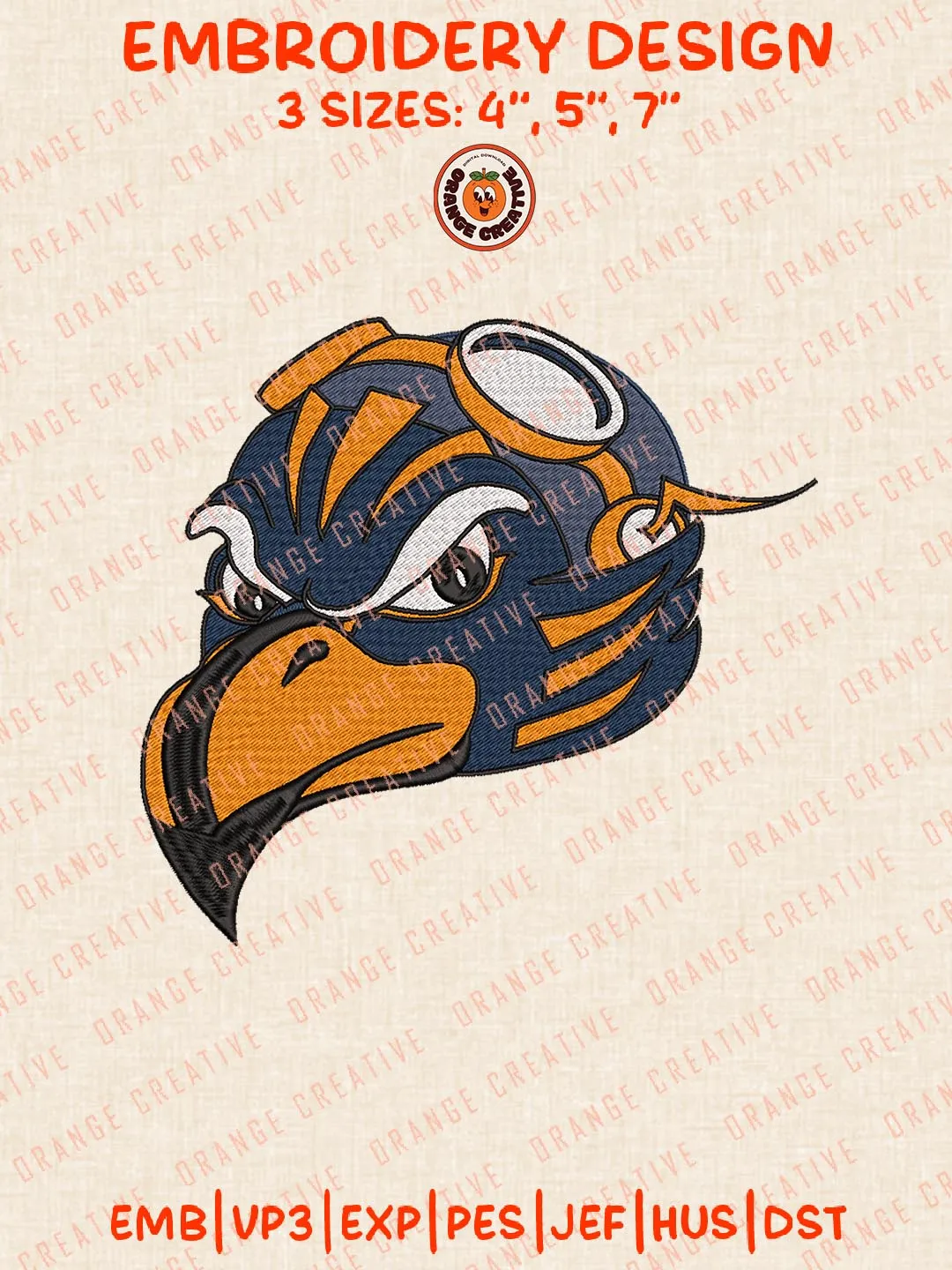 UT Martin Skyhawks Head Mascot Logo Embroidery Design Files, NCAA Logos Embroidery Designs, NCAA UT Martin Skyhawks Machine Embroidery Files, 3 Sizes, Custom Sizes, Instant Download