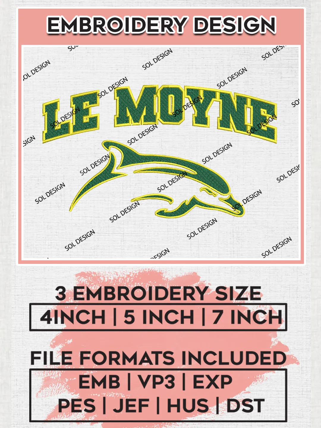 NCAA Le Moyne Team Mascot Logo Embroidery Design Files, NCAA Le Moyne Dolphins Machine Embroidery, NCAA Teams, 3 sizes, NCAA Machine embroidery designs, Digital Download