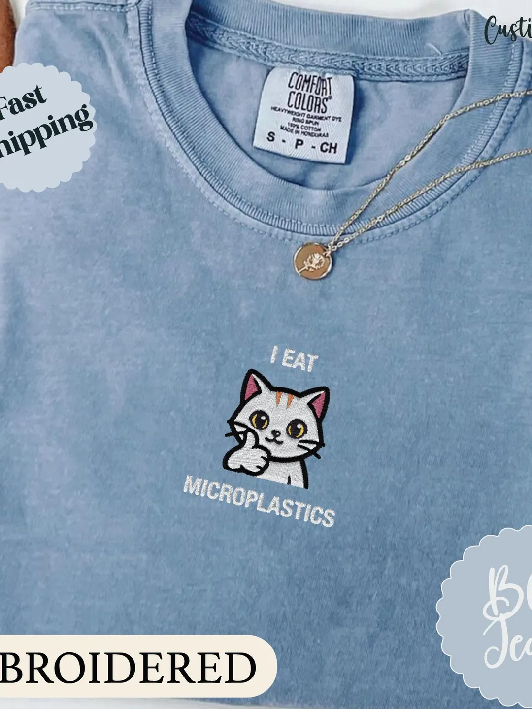 I Eat Microplastics Embroidered Comfort Colors Tee, Funny Gift, Funny Kitten Shirt, Crewneck Sarcastic Club T-Shirts