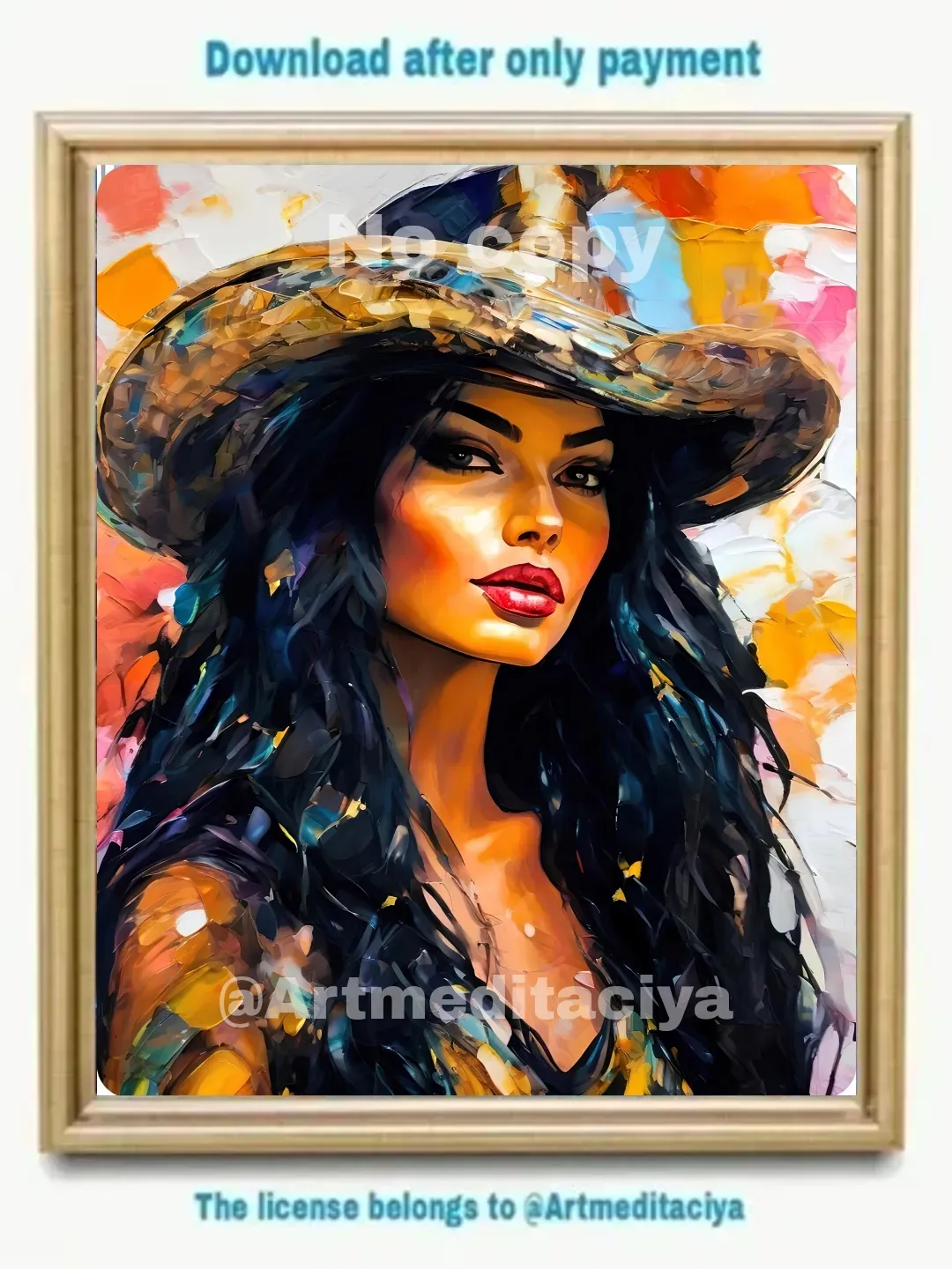 The digital textural painting "A Mexican girl in a sombrero", made in the style of oil painting with an impasto palette knife on an abstract multicolored background, is an image of a burning charismatic long-haired brunette in a wide-brimmed hat