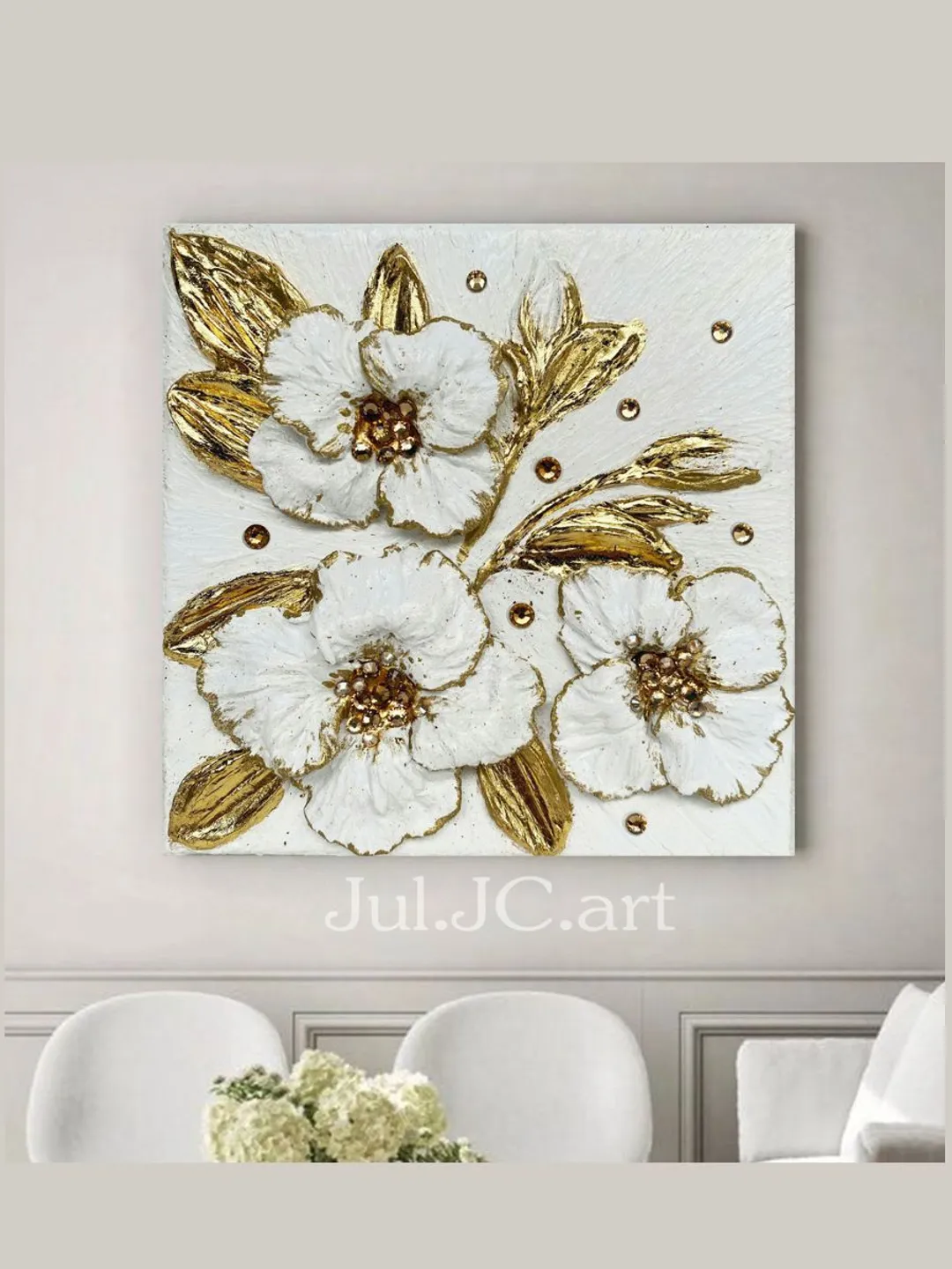 White and Gold Flower art Poppy artwork Floral Textured painting original art by Juliya JC