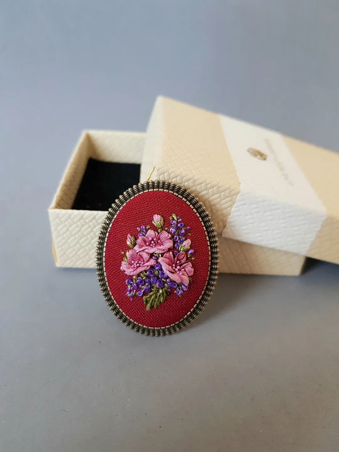 Ribbon embroidered bordo color brooch for her, hand embroidery jewelry