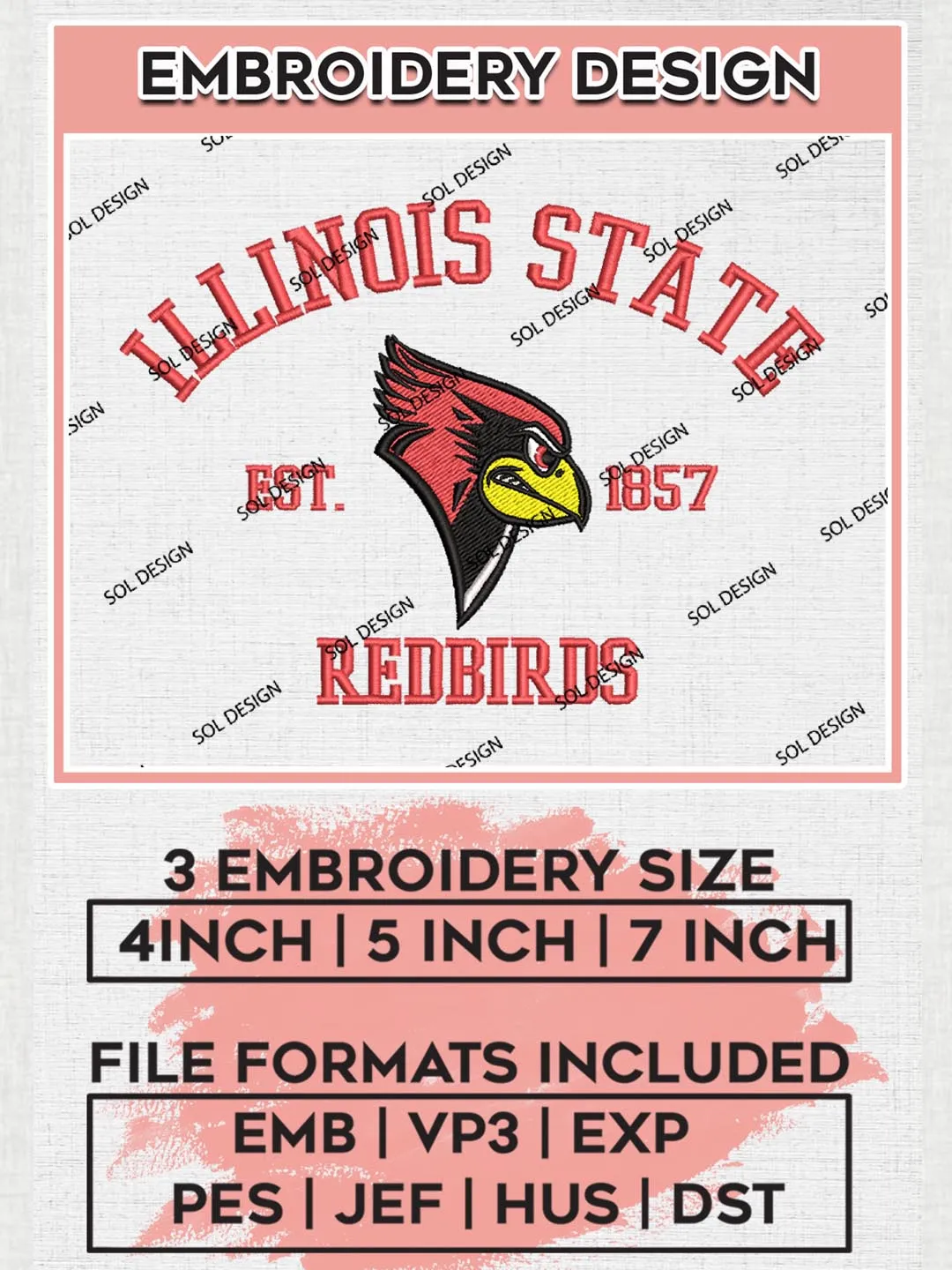 Illinois State Redbirds Est 1857 Logo Embroidery Designs, NCAA Illinois State Redbirds Team Embroidery, NCAA Team Logo, 3 sizes, Machine embroidery Files, Digital Download