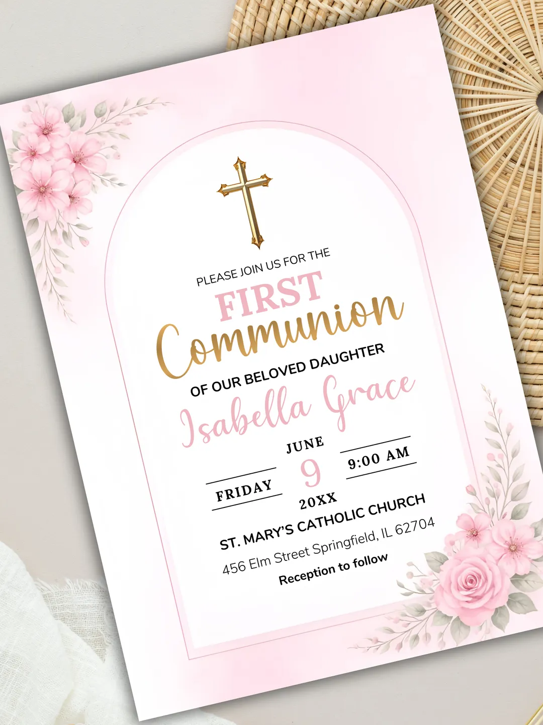 Pink First Holy Communion Invitation Template, Editable Girl Communion ...