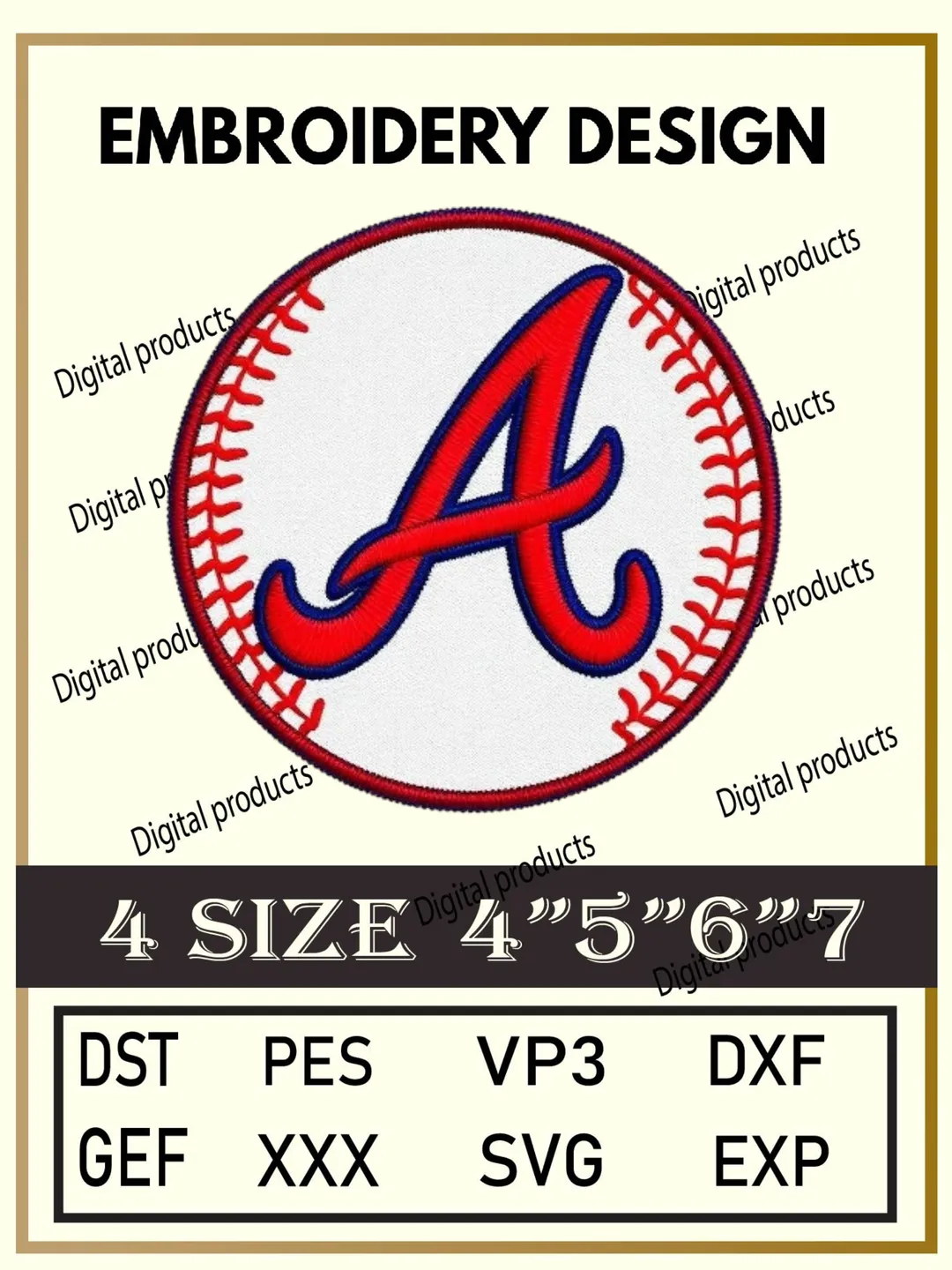 Letter A Baseball Embroidery Design Digital Pattern with Red and Blue Detailing on White Ball for Machine Embroidery Projects in Four Sizes with Multiple Compatible Formats Including DST, PES, VP3, DXF, GEF, XXX, SVG, EXP