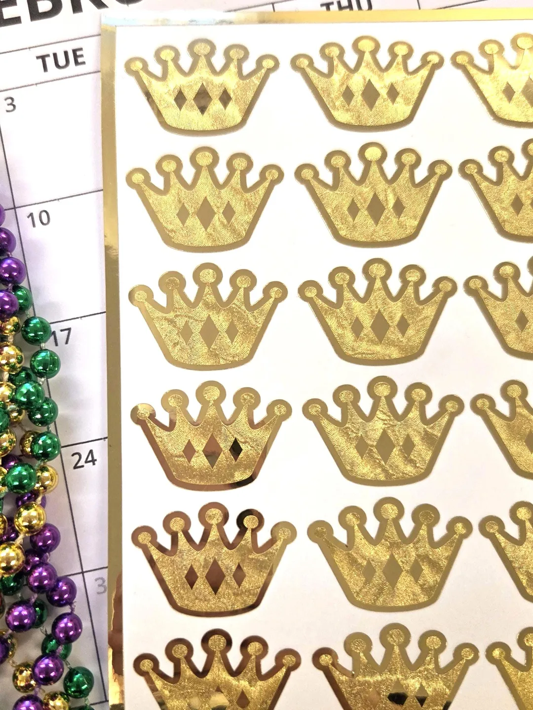 Gold Crown Stickers, Two-Tone Vinyl Decals, Mardi Gras Decor, Set of 18