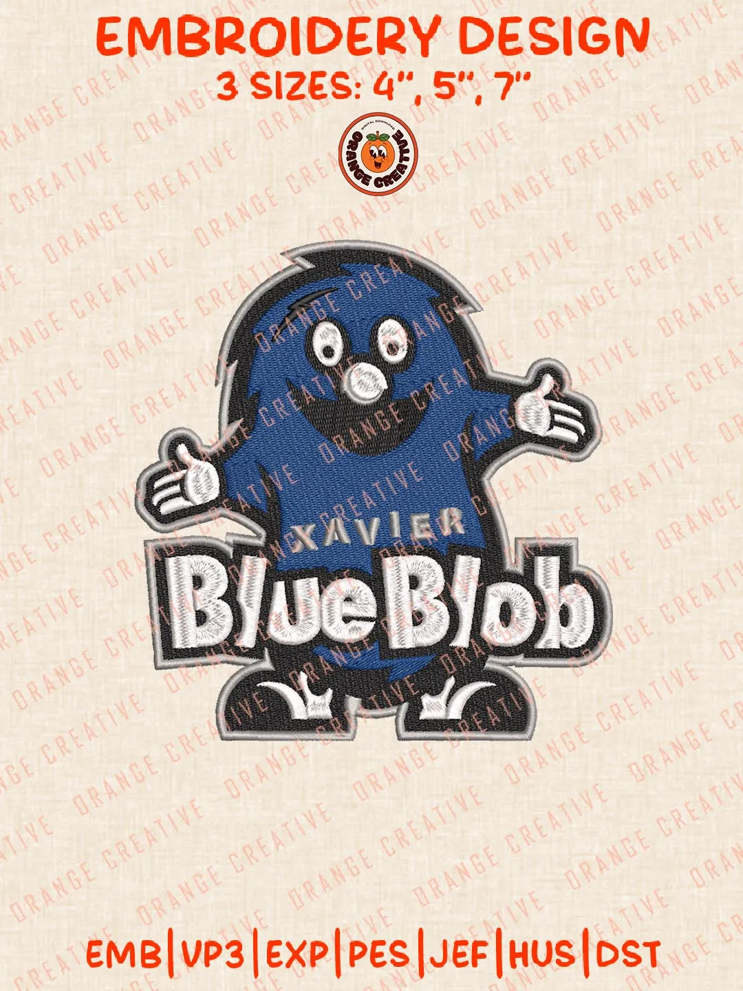 Xavier Blue Blob Embroidery Design, NCAA Xavier Musketeers Team Logo Embroidery Design, Machine Embroidery Design File, 4 Sizes, Custom Size, Digital Download