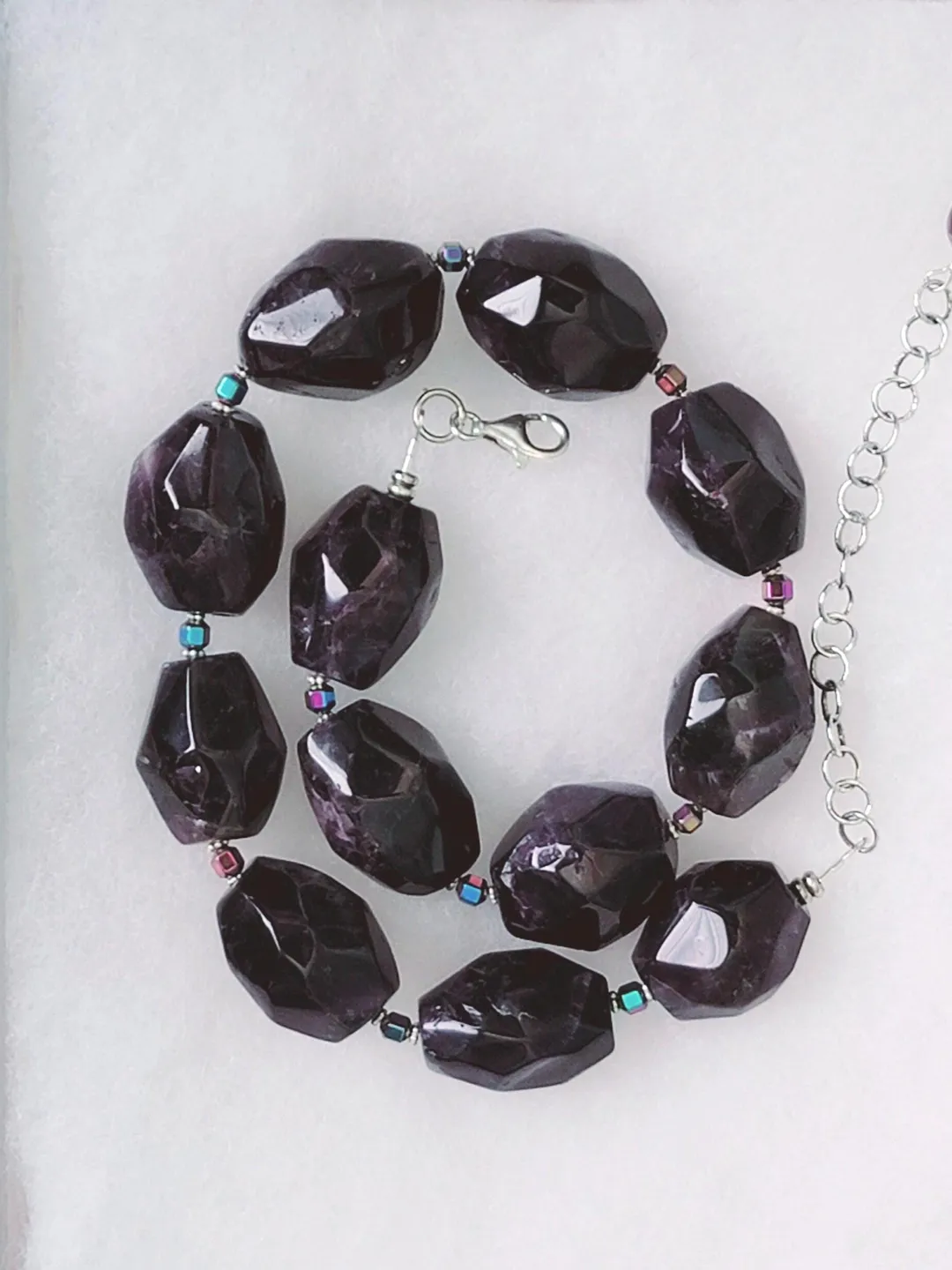 Amethyst Beaded Necklace, Sterling Silver Adjustable Handmade Natural Amethyst Chunky Necklace, Large Nugget Bead Statement Big Purple Beads